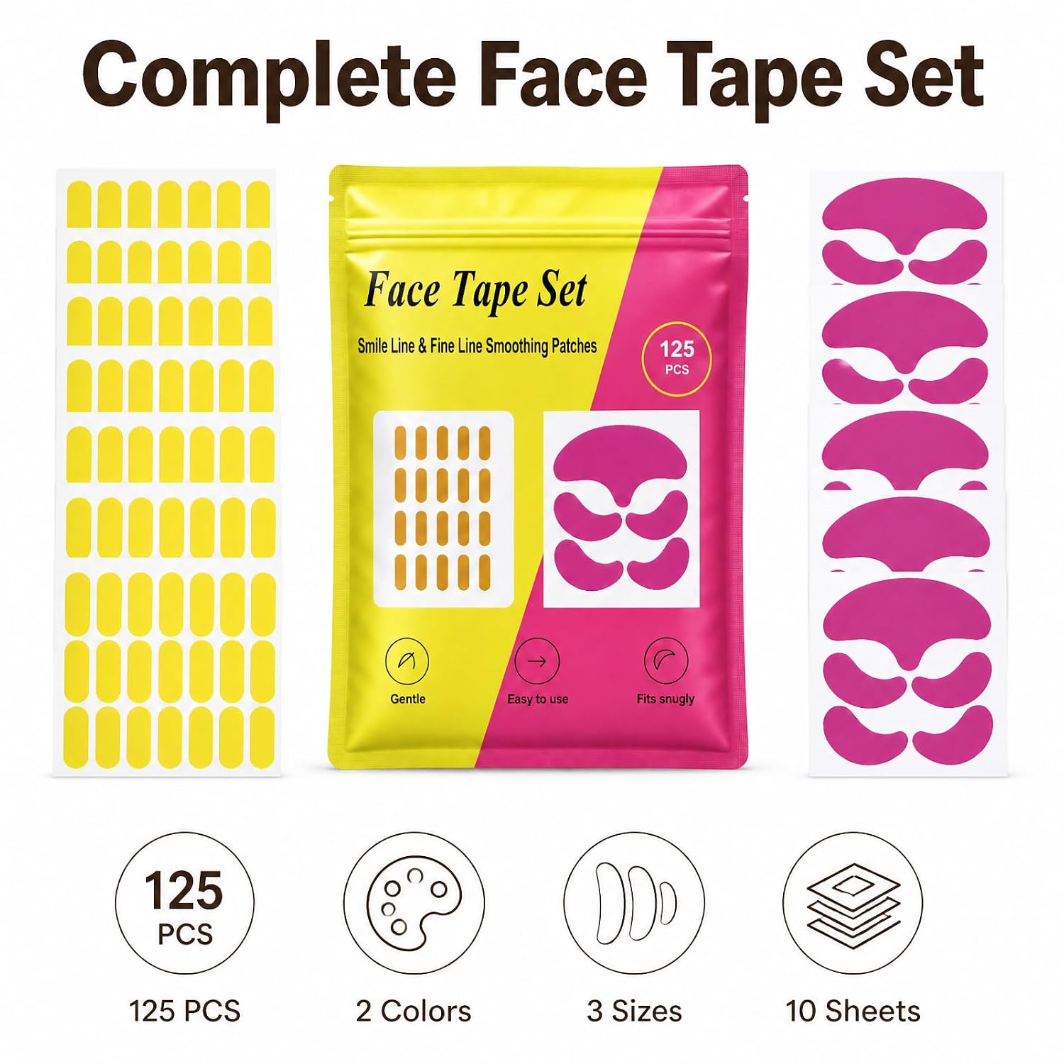 Face Tape for Wrinkles, Smile Line Patches for Face, Wrinkle Forehead Tape, Face Tape Lifting Wrinkle Patches Overnight, 125 Count, 2 Colours