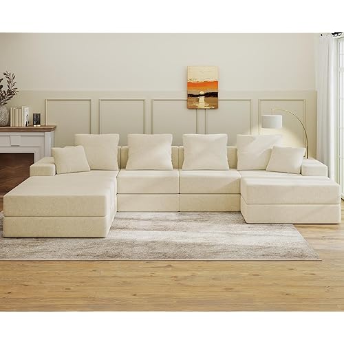 Living&Giving 128" U-Shaped Cloud Sectional Couch for Living Room, Cloud Boneless Couch-No Assembly with Reversible Chaise, Customizable 4-Seat Modular Sectional Sofa with 3 Ottoman, Beige