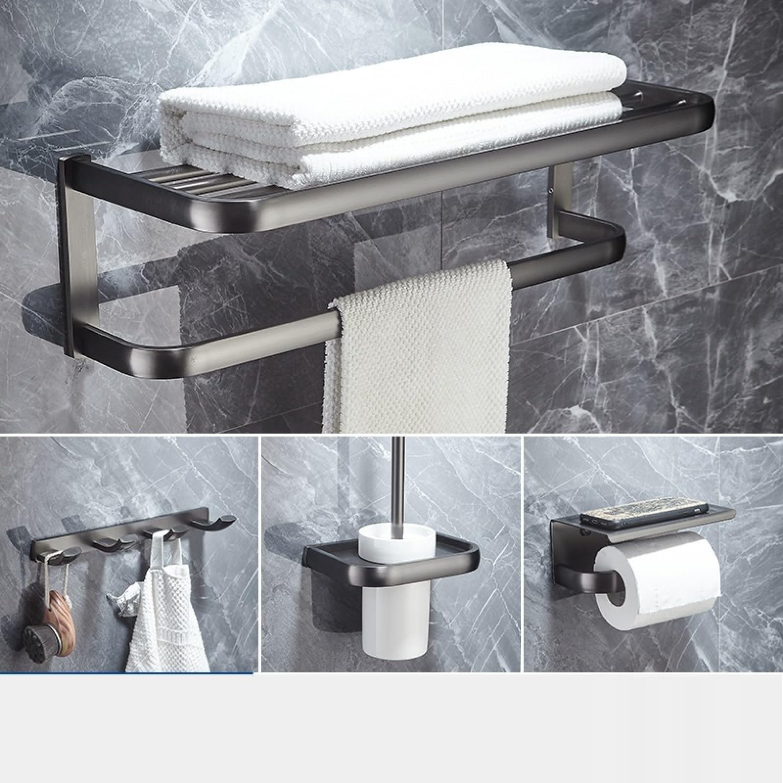 FGXHHS Full Copper Gun Grey Bathroom Towel Rack Bath Toilet Shelf Hardware Pendant Set, Four Piece Set B