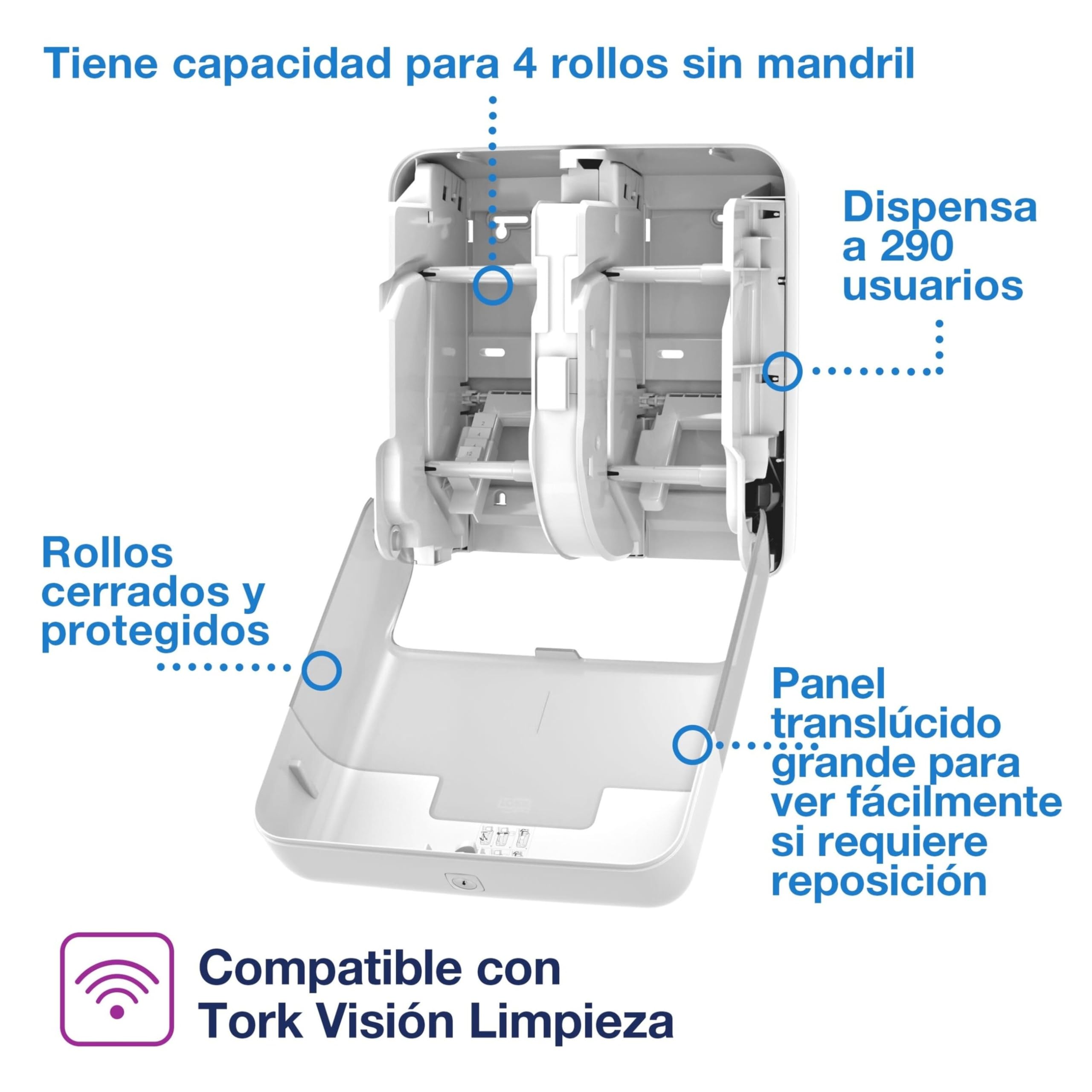 Tork OptiServe Dispensador para Cuatro Rollos de Papel Higiénico sin Mandril Blanco T7, Dispensador Vertical, Línea Elevation, 558051