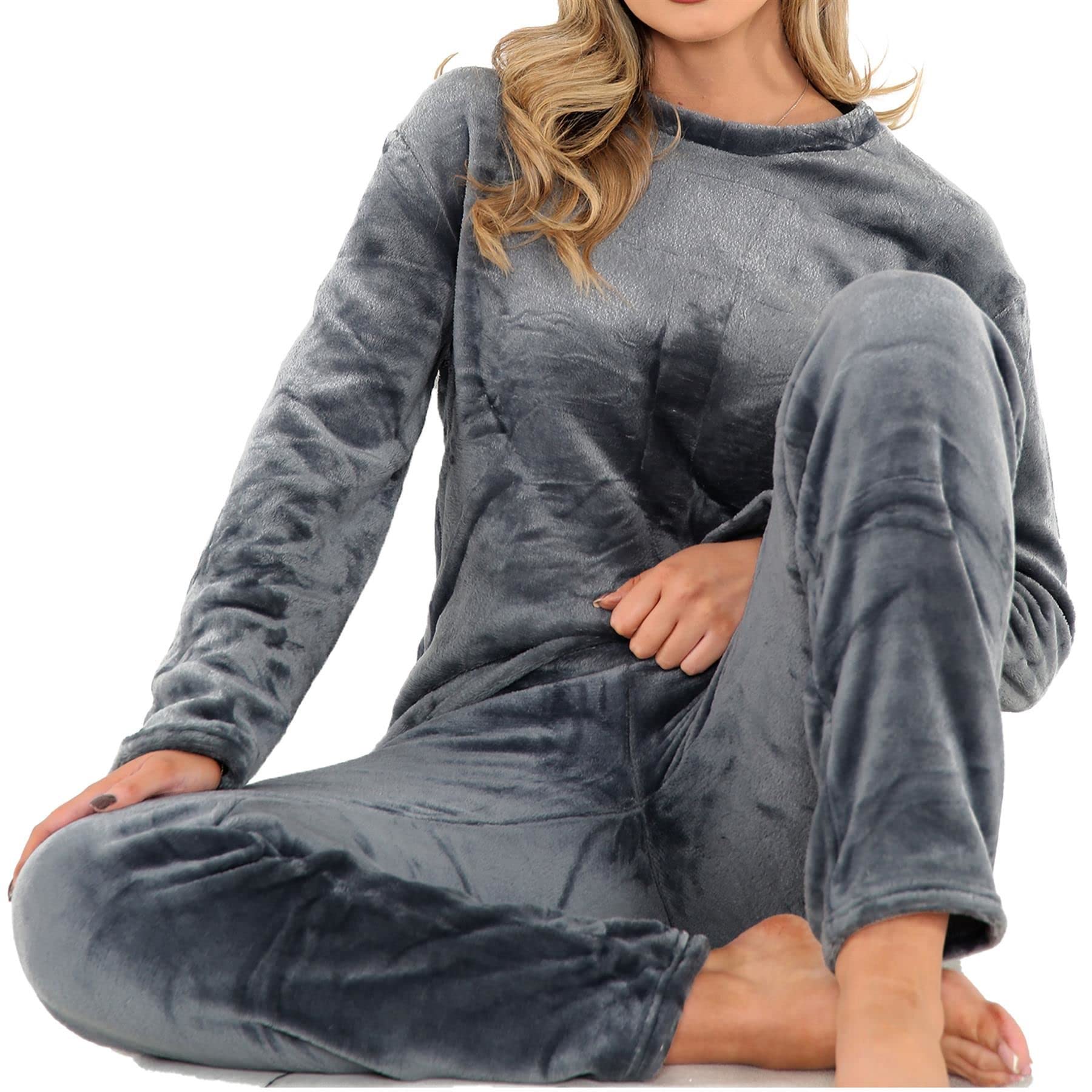 A2Z Femmes Pyjamas Doux Chaud Polaire Twosie Adultes Crew Col Longue Manches Pyjamas 2 pièces Cadeau Ensemble Taille 8-10,12-14,16-18,20-22