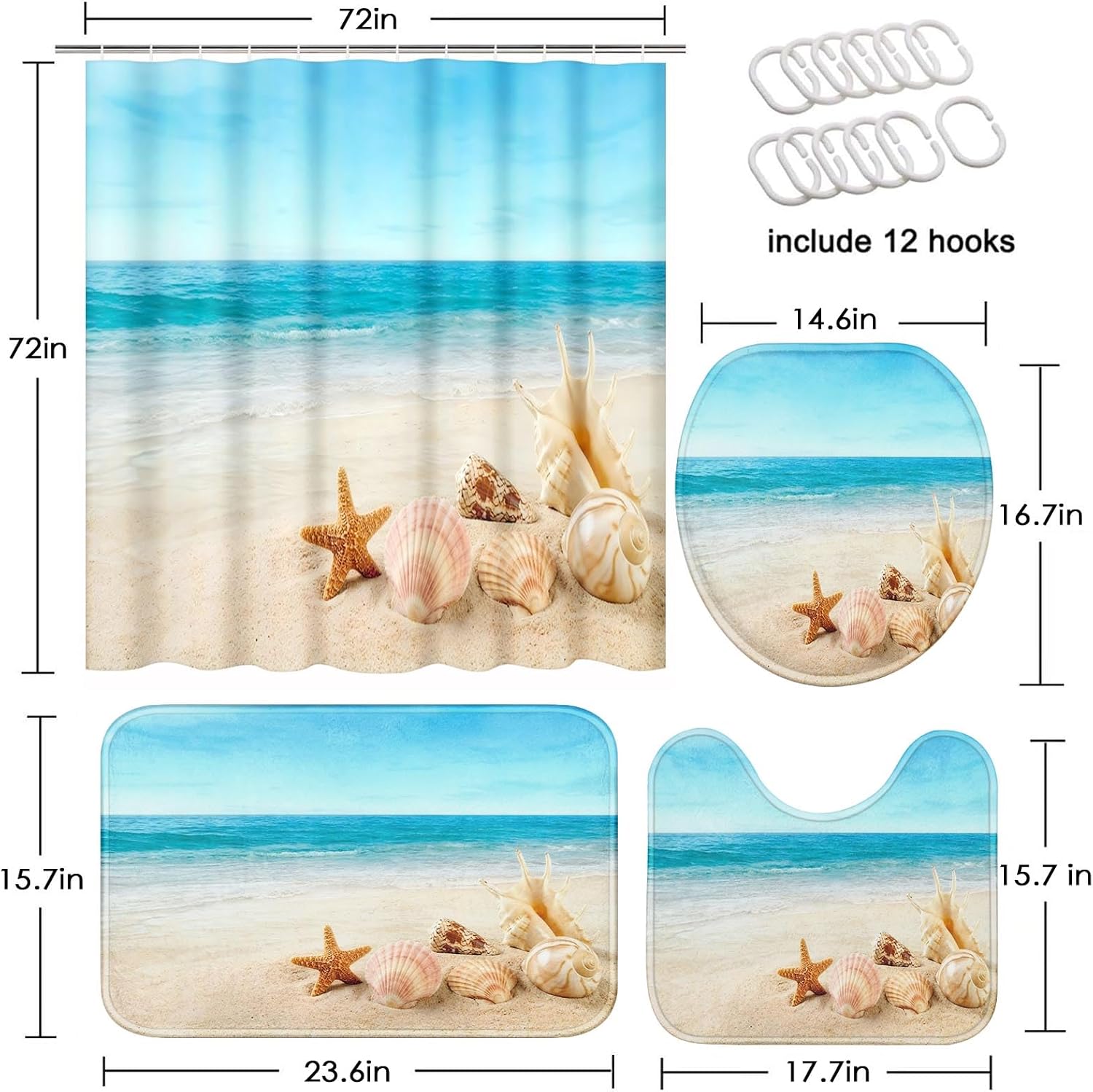 Britimes Bathroom Sets with Shower Curtain and Rugs Set of 4 Coast Seashell image 2