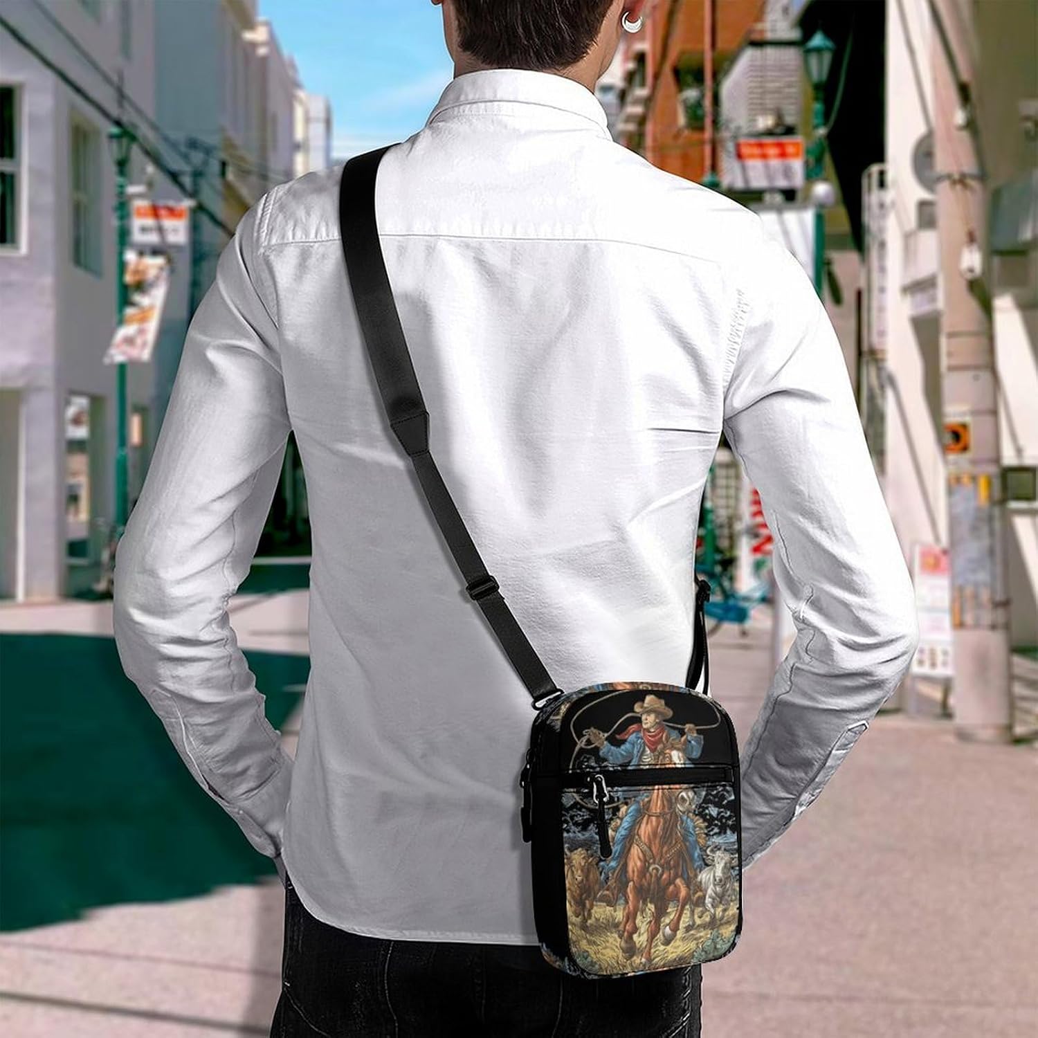 Cowboys on Horseback Small Crossbody Bag Sling Shoulder Satchel | for women men,work travel workout,detachable and adjustable shoulder strap