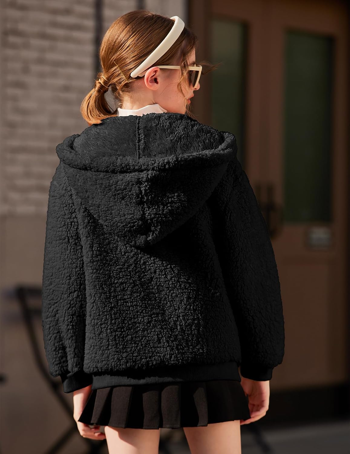 Arshiner Girls Fleece Sherpa Jacket Faux Shearling Fluffy Button Hooded Coat Fuzzy Outerwear Warm Winter Clothes With Pockets