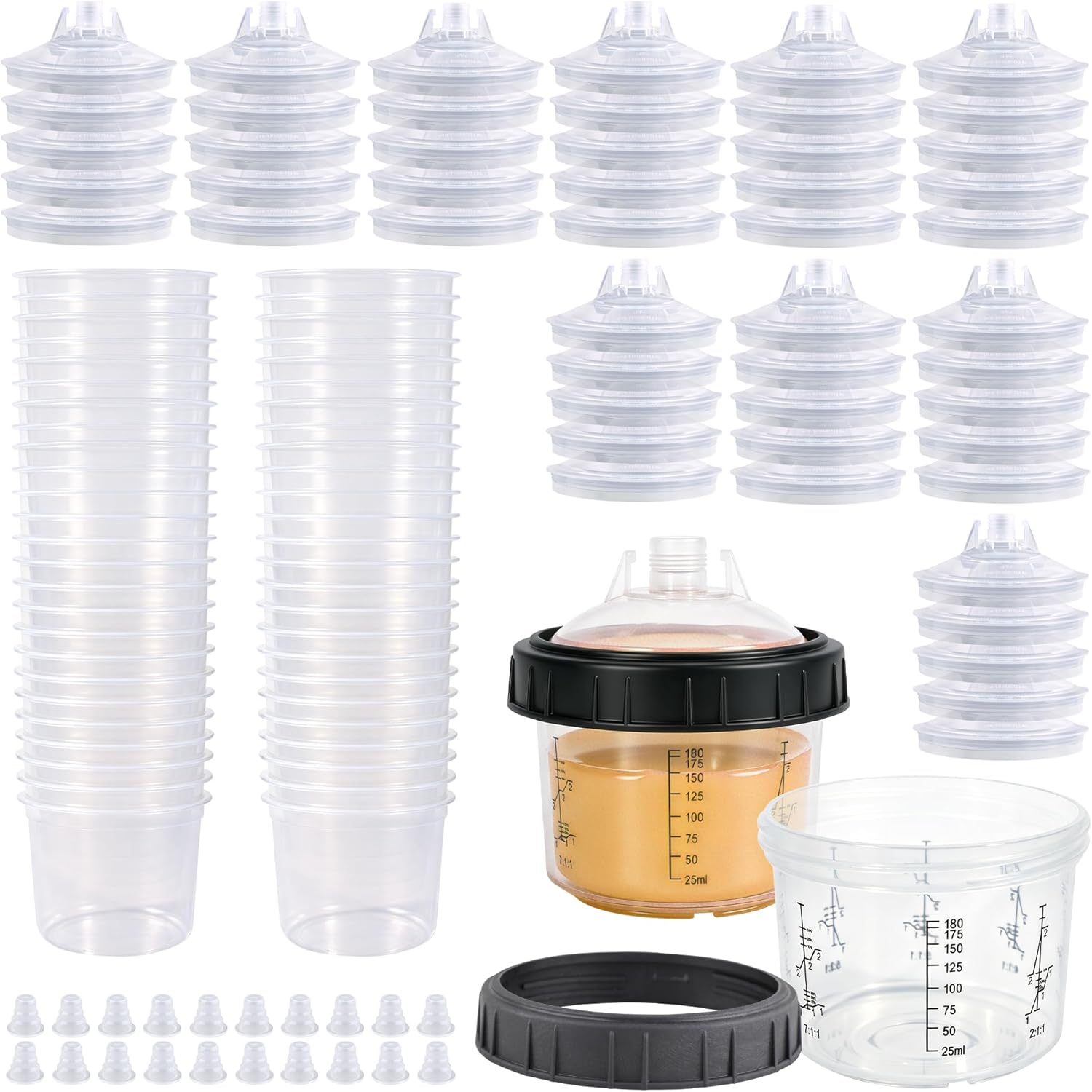 Disposable Paint Gun Cup System, 6.7oz/200ml HVLP Paint Sprayer Mixing Cups Kit with 50 Cup Liners & Lids, 20 Plugs, 2 Hard Cups & Retainer Rings for Automotive Car Paint, Primer, Clear Coat