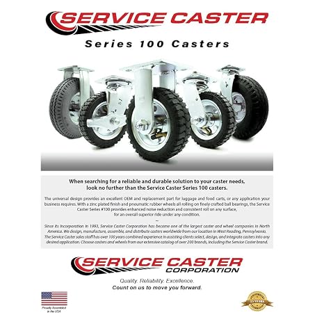 6 Inch Swivel Pneumatic Casters Set of 4 - Black Rubber Wheels - Includes 2 Swivel with Bolt on Swivel Locks and 2 Rigid - Heavy Duty Casters - 1,000 lbs. Total Capacity - Service Caster Brand