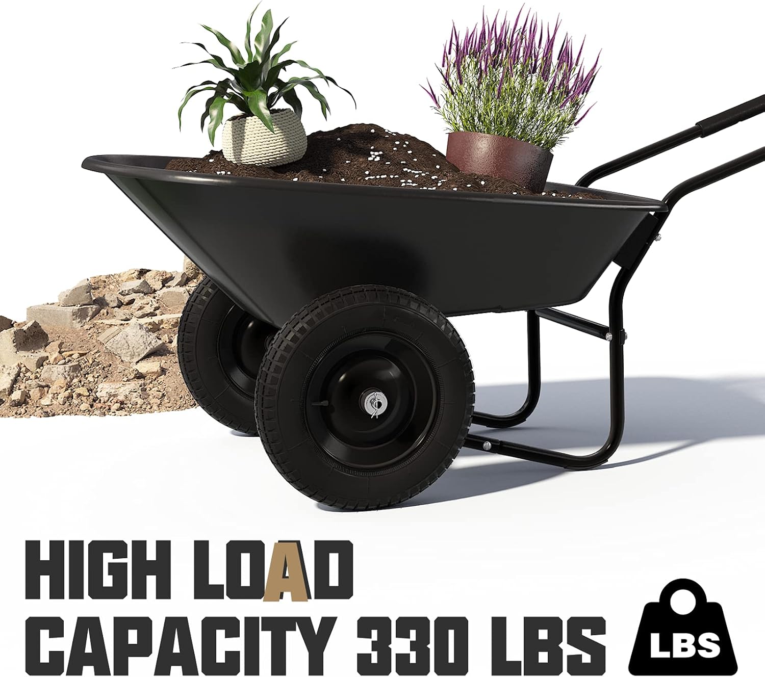 ARNOT Enhanced 2-Wheeled Garden Wheelbarrow, Heavy Duty Garden Cart, Easy Loading and Dumping Utility Wagon for Outdoor Lawn Yard Farm Ranch, Black : Patio, Lawn & Garden