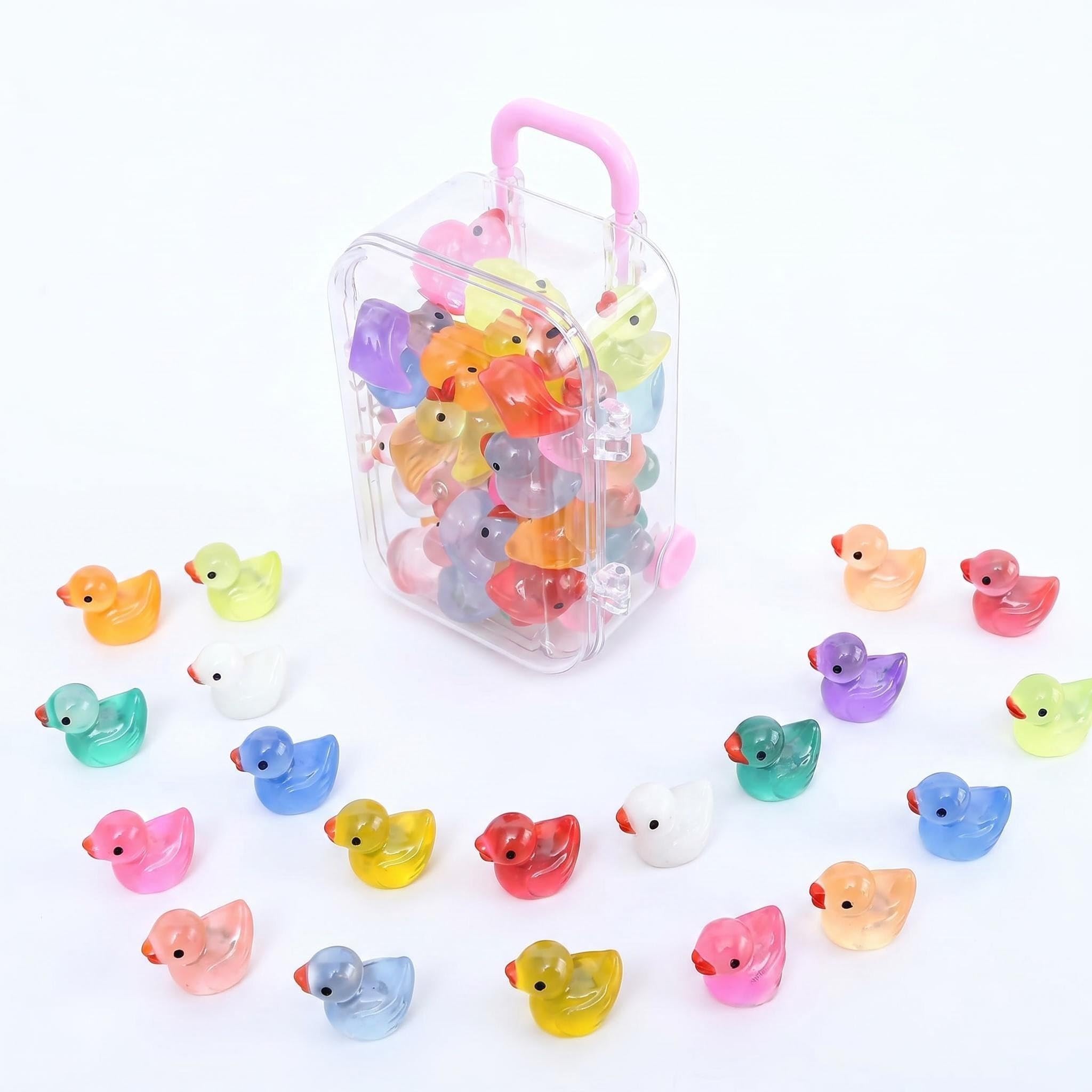 30 Pack Mini Ducks Glow in The Dark Tiny Ducks with 1Pc Suitcase Box Mixed Resin Ducks 10 Colors Small Luminous Plastic Ducks Miniature Duck Figures for Fairy Garden Aquarium Landscape Dollhouse