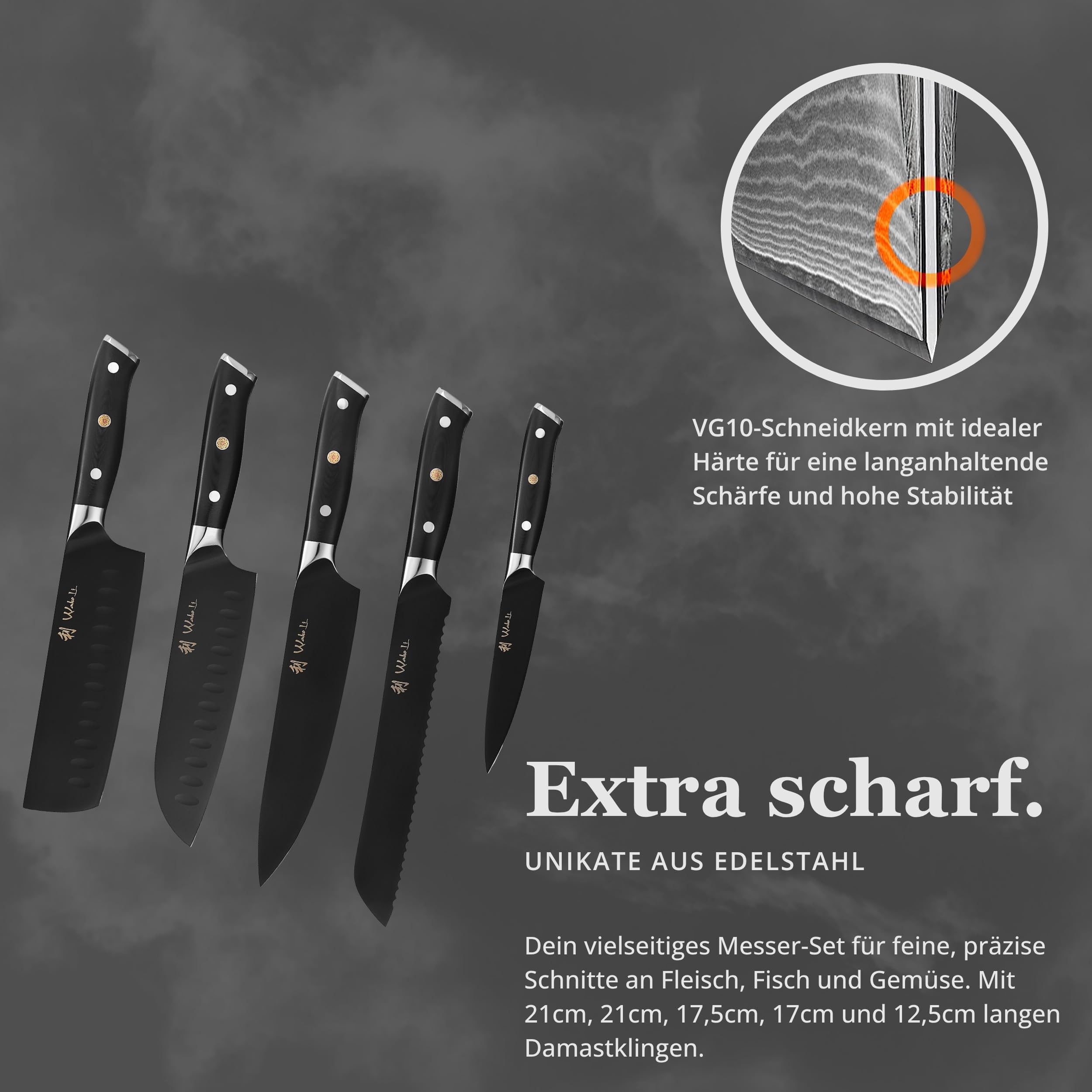 Wakoli Titanium Noir Messerblock-Set mit 5 Messern aus 5Cr15MoV-Stahl | Chefmesser, Brotmesser, Santoku, Nakiri und Allzweckmesser; G10-Griffe, Titanbeschichtung, einseitig magnetischer Messerblock