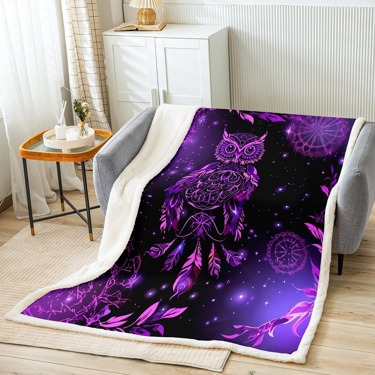 Feelyou Dreamcatcher Sherpa Blanket Boho Dream Catcher Owl Fleece Throw Blanket Bohemian Exotic Mandala Plush for Sofa Bed Couch Room Decor Chic Purple Galaxy Fuzzy King 87"x95"
