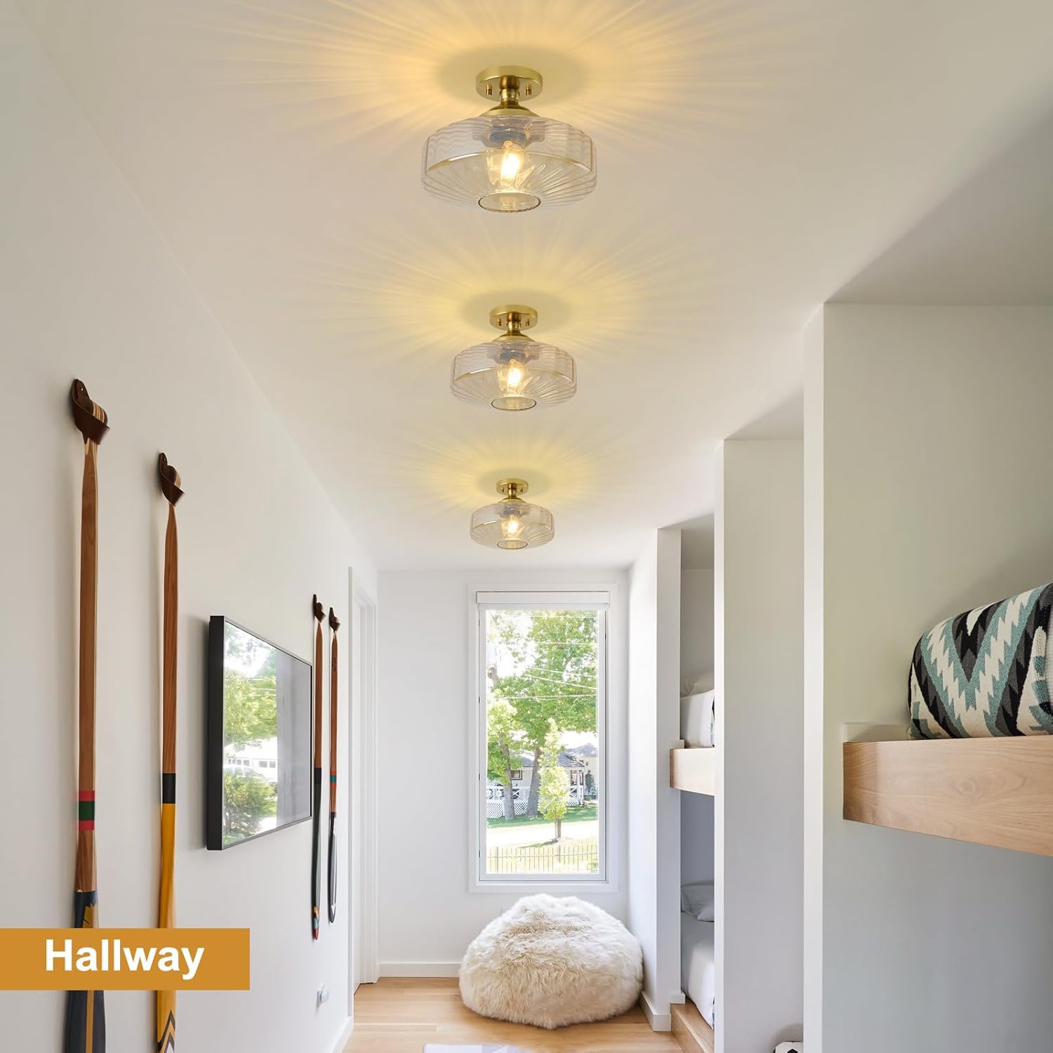Amber Glass Semi Flush Mount Ceiling Light, 11.8in Hallway Light Fixtures Ceiling Mount, Vintage Thick Glass Lighting Fixture for Kitchen Bedroom Dining Room Hallway Entryway Foyer Laundry