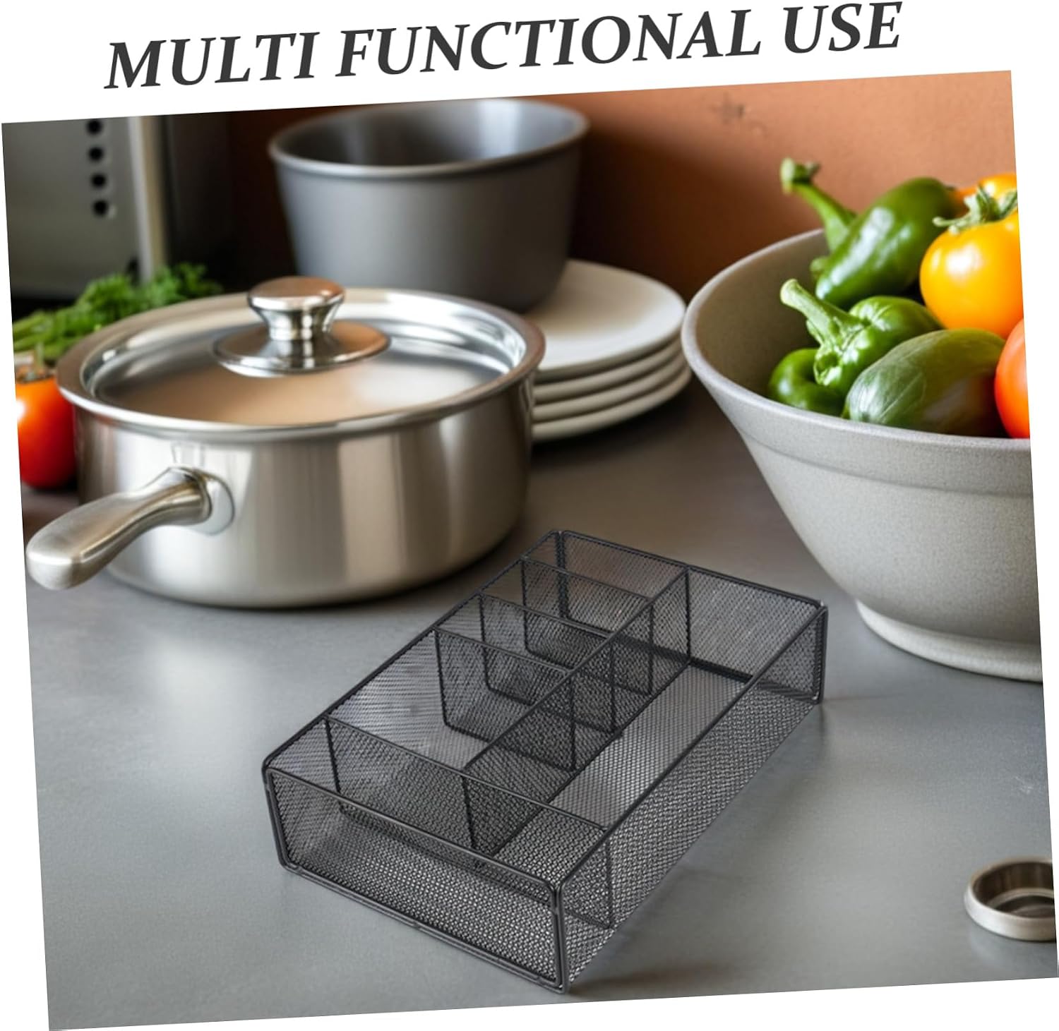 Zerodeko Metal Kitchen Cutlery and Seasoning Rack, Countertop Storage Shelf with 6 Compartments, Black Metal Kitchen Shelf Organizer for Utensils and Spice Bottles