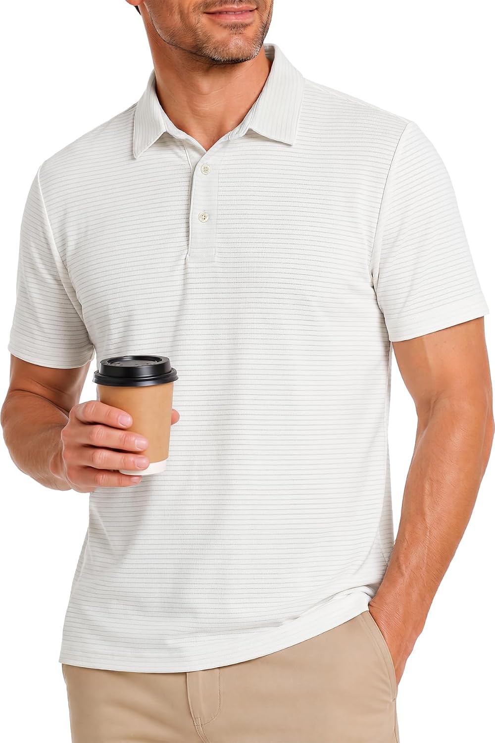 KYKU Men's Golf Polo Shirts Short Sleeve Striped Dry Fit Collared Shirt | 4-Way Stretch, Side Slits, Moisture-Wicking, Performance, Quick-Dry, Lightweight, Sport, Business Casual, Work, Tennis