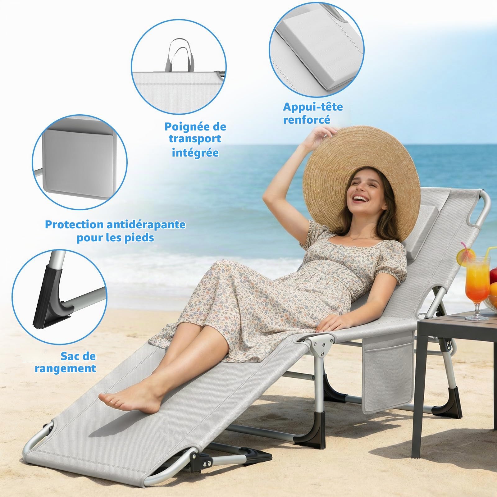 Huracan Lot de 2 chaises longues de jardin, pliables, avec ouverture pour le visage, coussins amovibles et dossier réglable en 3 positions, charge maximale 160 kg, pour jardin, balcon et terrasse