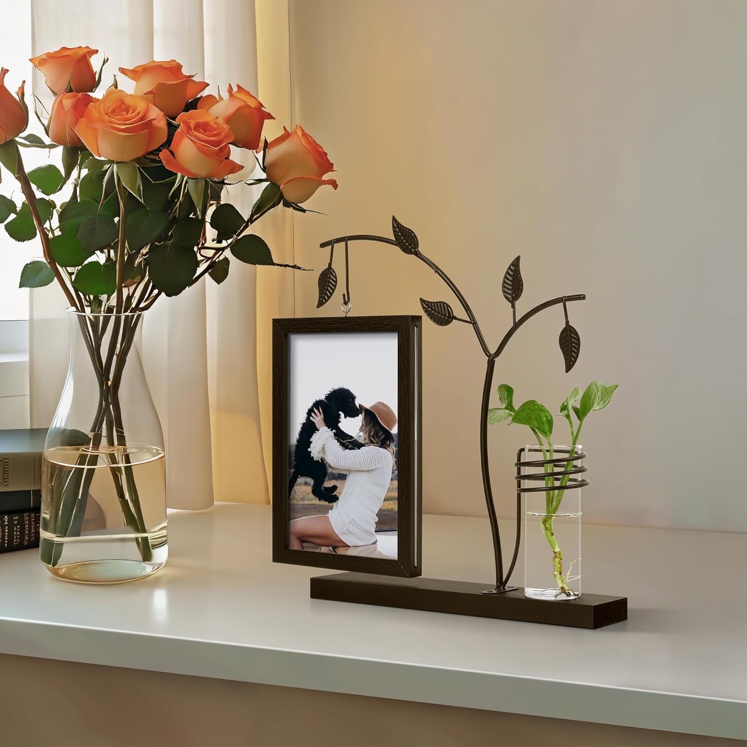 Sapowerntus 5x7 Picture Frames Black Family Desk Office Modern Photo Frame, Water Plants Flowers Floating Double Glass Vase Tabletop Standing Home Decor, Wedding Grandma Mother Mom Gift