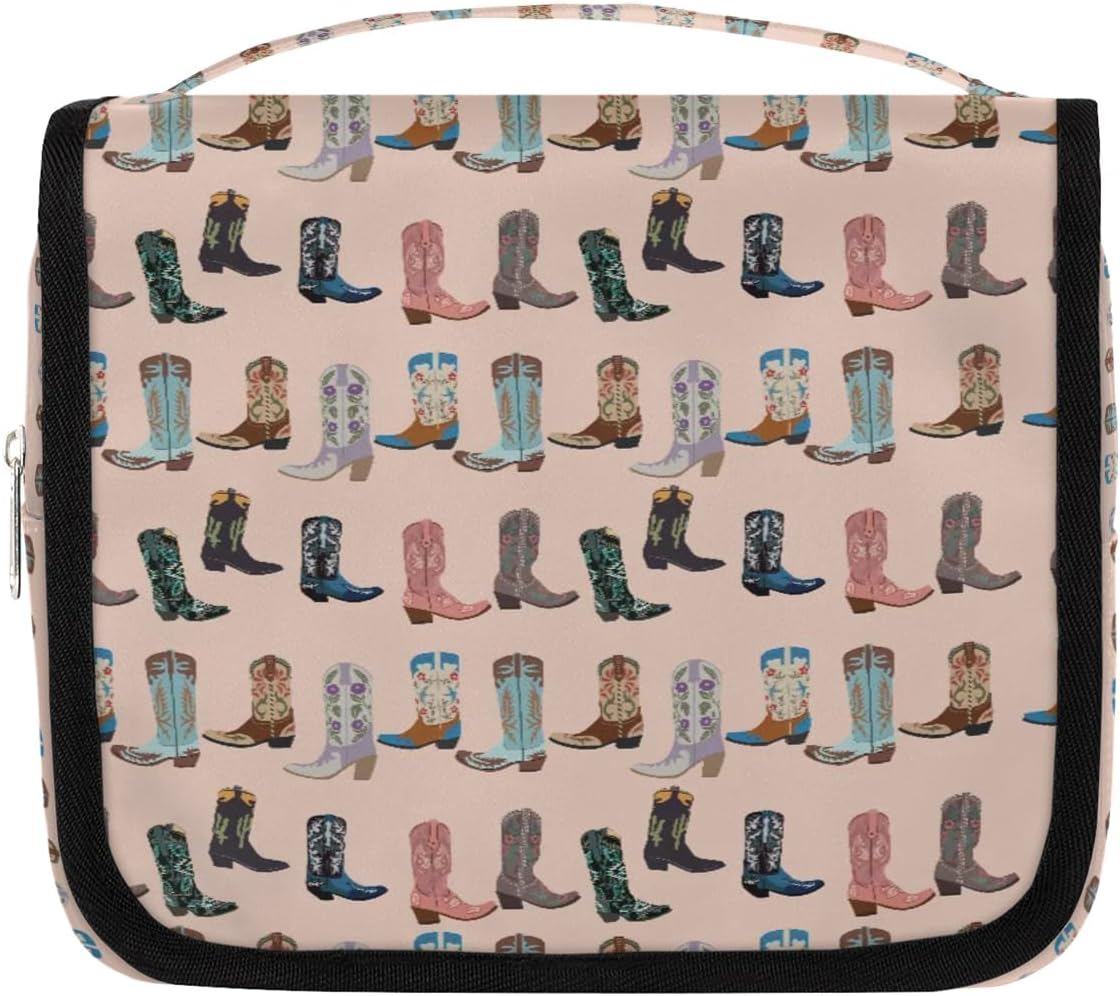 Travel Toiletry Bag for Women Men with Hanging Hook Pink Retro Western Print Cowboy Pattern Makeup Cosmetic Bag Organizer Travel Bag for Toiletries Essentials Accessories, Large Size Travel Toiletry Bag for Women Men with Hanging Hook Pink Retro Western Print Cowboy Pattern Makeup Cosmetic Bag Organizer Travel Bag for Toiletries Essentials Accessories, Large Size