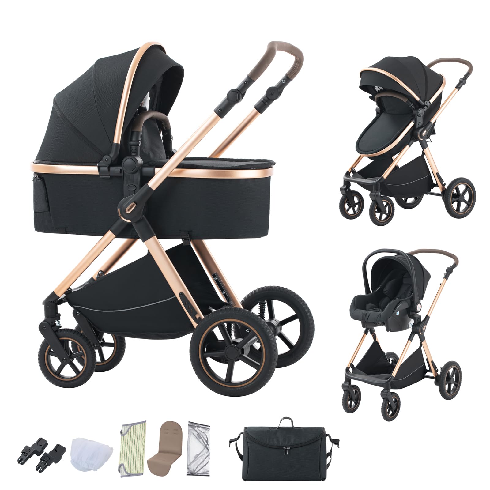 BEBBY Stroller 3-in-1 Baby 3 in 1 with Seat with a One-Hand Foldable Aluminium Frame, Compact Stroller with Adjustable Armrests, Combined Strollers,High Landscape Travel Pushchair
