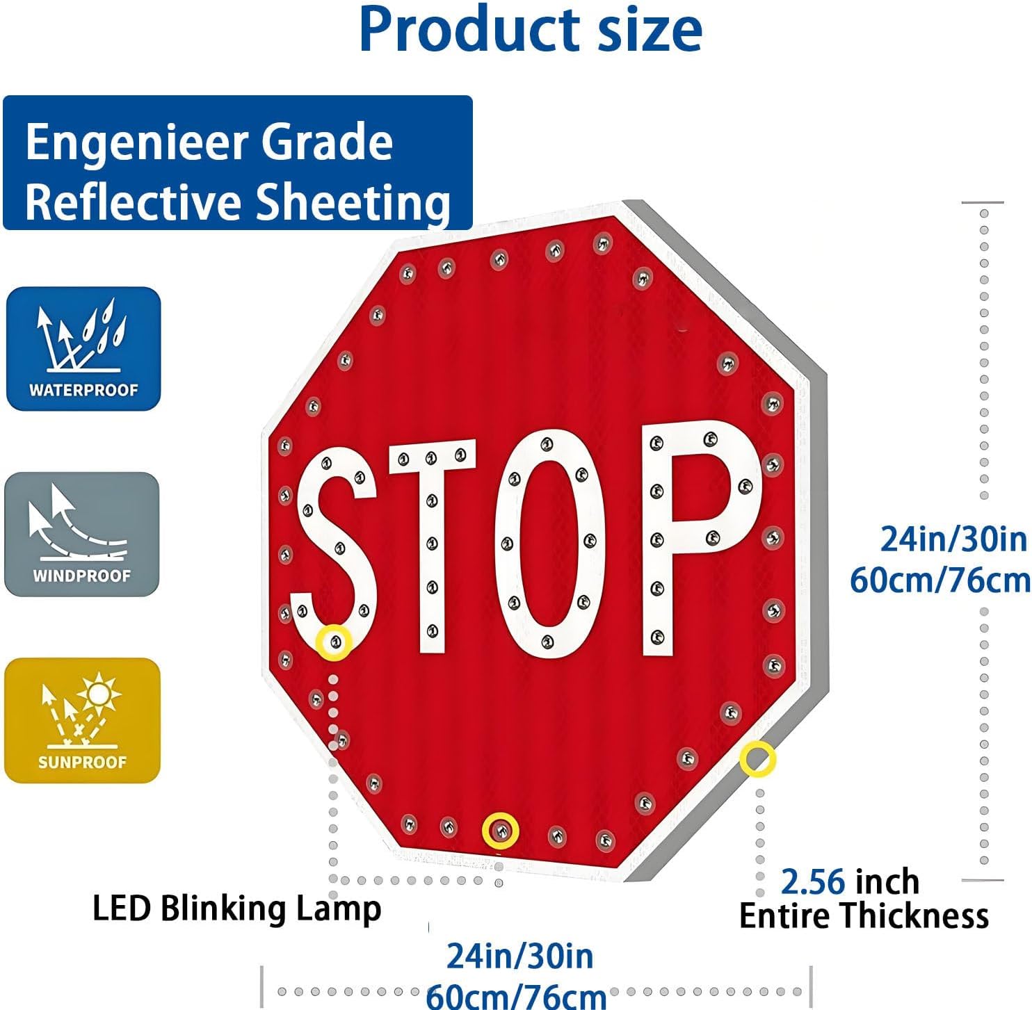 Solar Powered LED Traffic Warning Sign - 30in Flashing Stop Sign with Reflective Film, IP65 Waterproof, Ideal for Schools, Hospitals, and Road Safety.