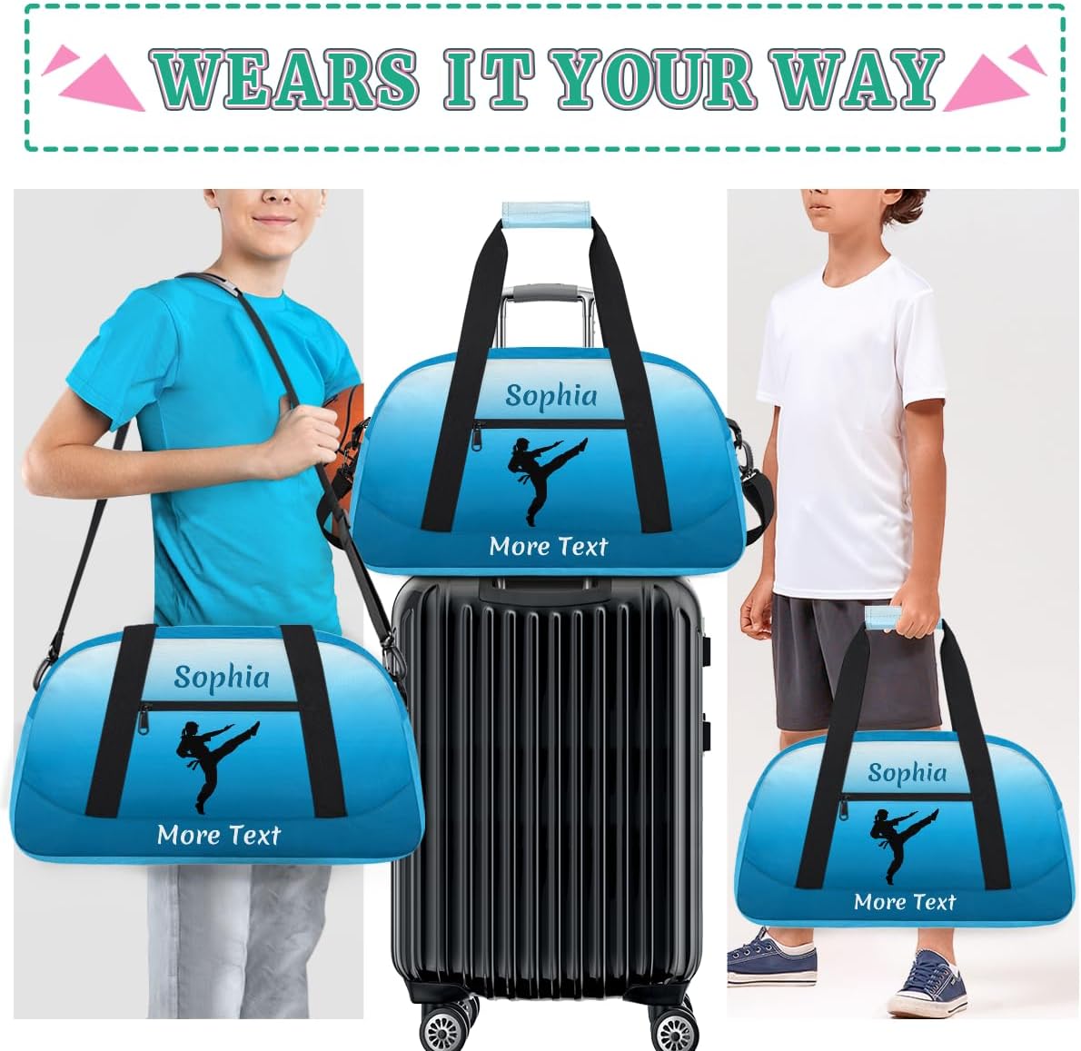 Personalized Kids Gym Bag for Girls Custom Name Sports Duffel Bag Weekender Overnight Travel Bags Blue Martial Arts Gifts