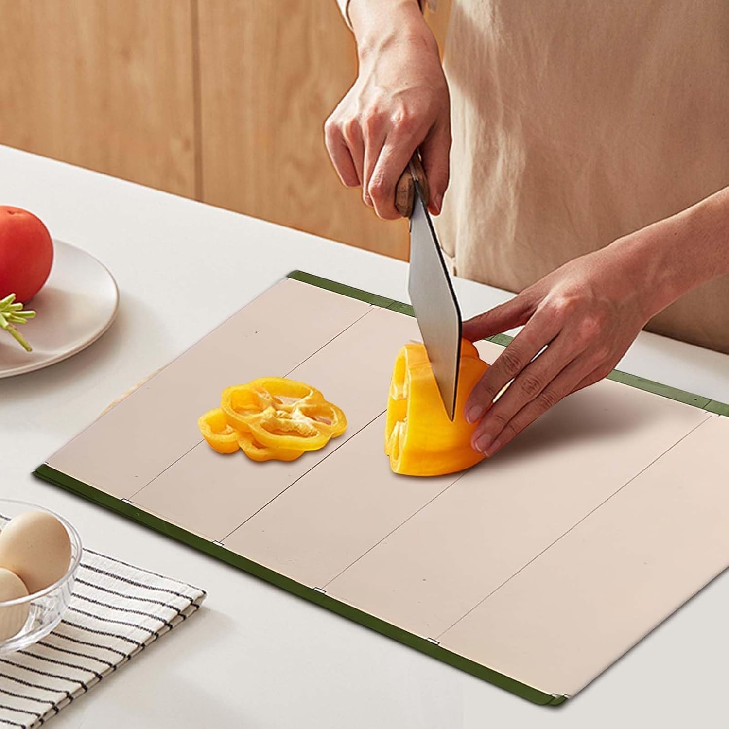 Foldable Cutting Board Great for Fruits-Veggies, Includes Built-in Peeler, Grater and Small Knife with Bottle Opener, Ergonomic Design for Kitchen and Travel, Color May vary on Green or Orange.