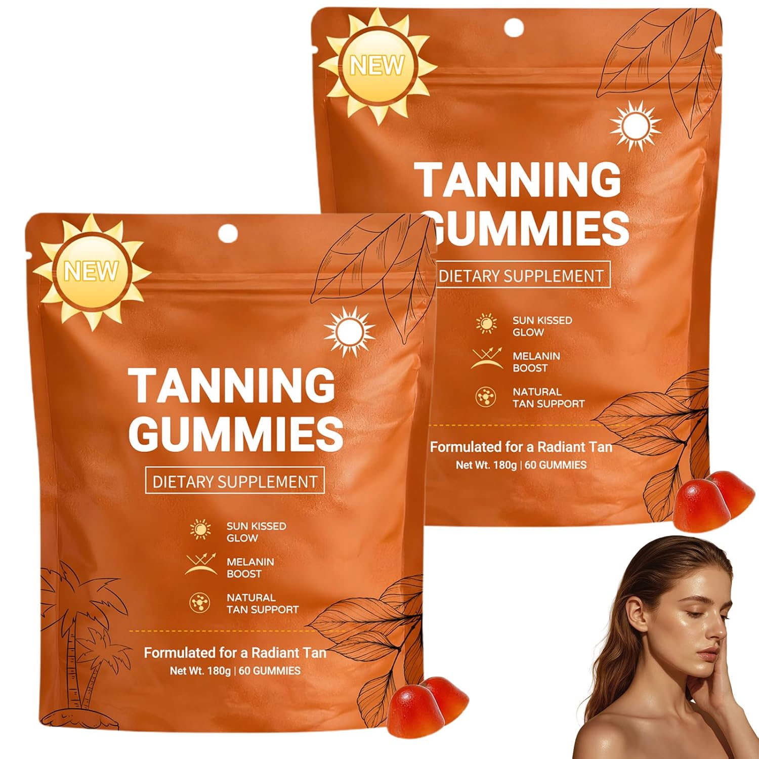 2026 New Tanning Gummies for Women, Tanning Gummies That Work Fast Without Sun, Enhances Natural Tan, Natural Looking Glow, Bronzing, Non-GMO, Vegan & Sugar Free - 60 Count (2 Pack)
