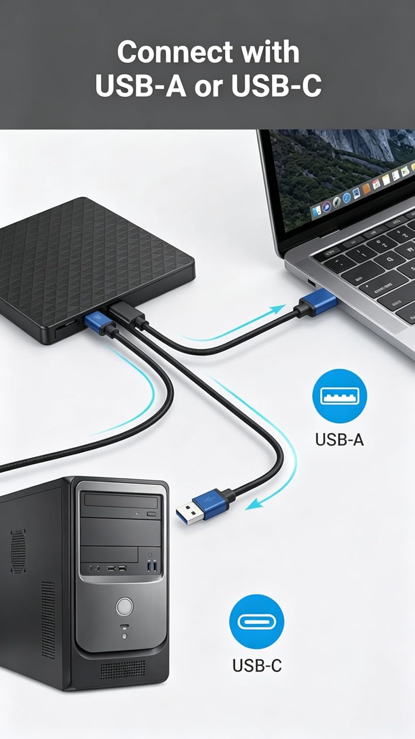 Zunate External Optical Drive Enclosure for 9.5mm CD DVD BD, USB 3.0 Type C Portable Case Adapter for Laptop, High Speed Data Transfer - ABS Brushed Finish