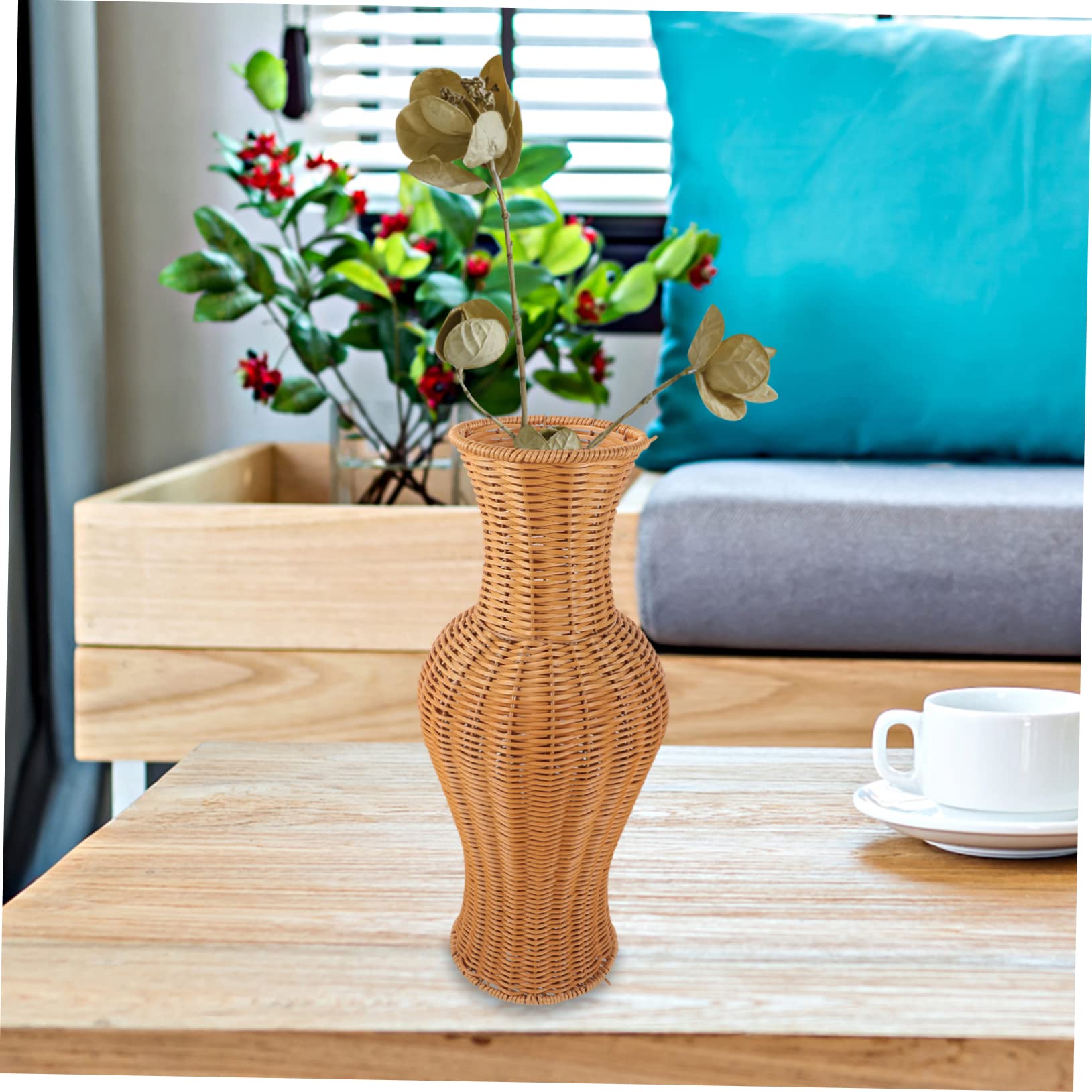 PRETYZOOM Jarrones Decorativos Grandes de Suelo, Fácil de Limpiar, Jarrón de Imitación de Ratán en Plástico, para Flores Secas y Oficina