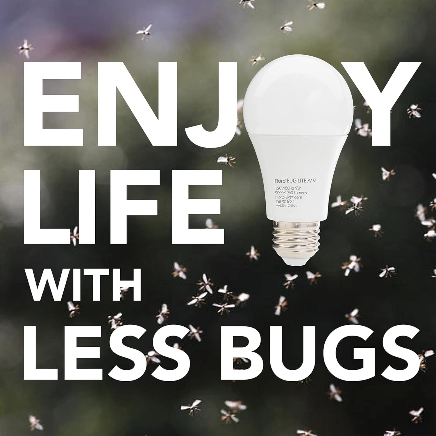 Norb Bug Lite - Bug-Reducing LED Light Bulb, Anti-Bug Outdoor Amber Light for Patio, Porch & Camping, E26 Base, A19, 9W, Energy-Efficient, Superior Technology Than Insect-Repellent, Bug-Free (4-Pack)