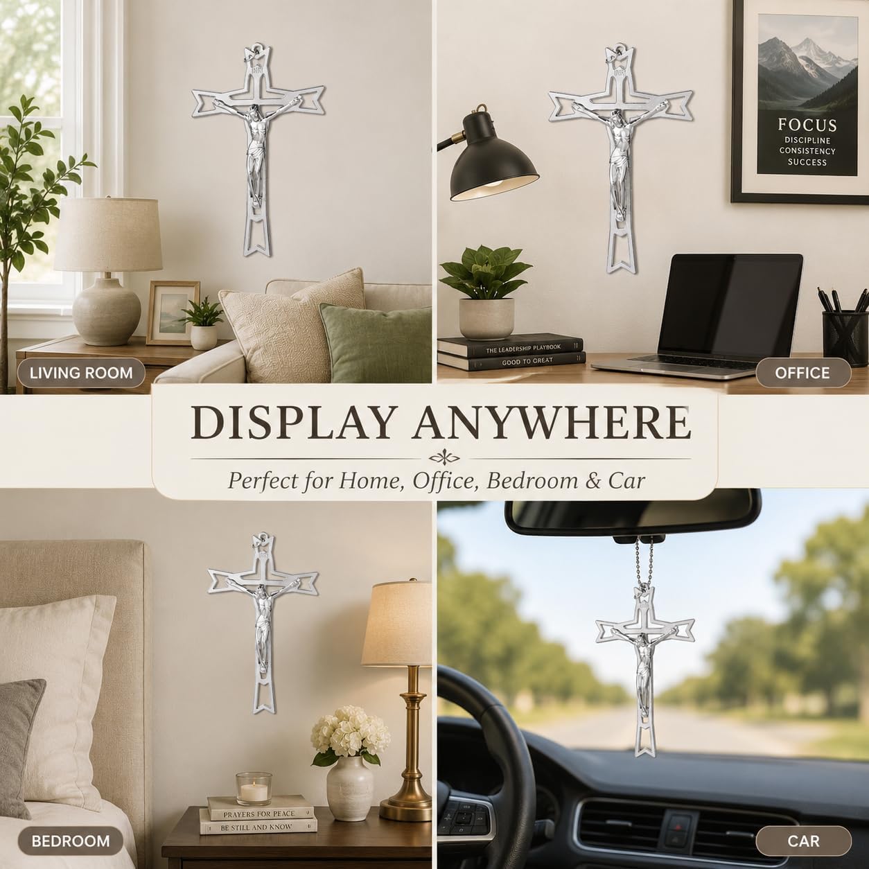 Crucifix Wall Cross, Silver Catholic Christian Wall Decor, 5 Inch Metal Hanging Cross for Home, Bedroom, Office or Car, Religious Gift Ornament
