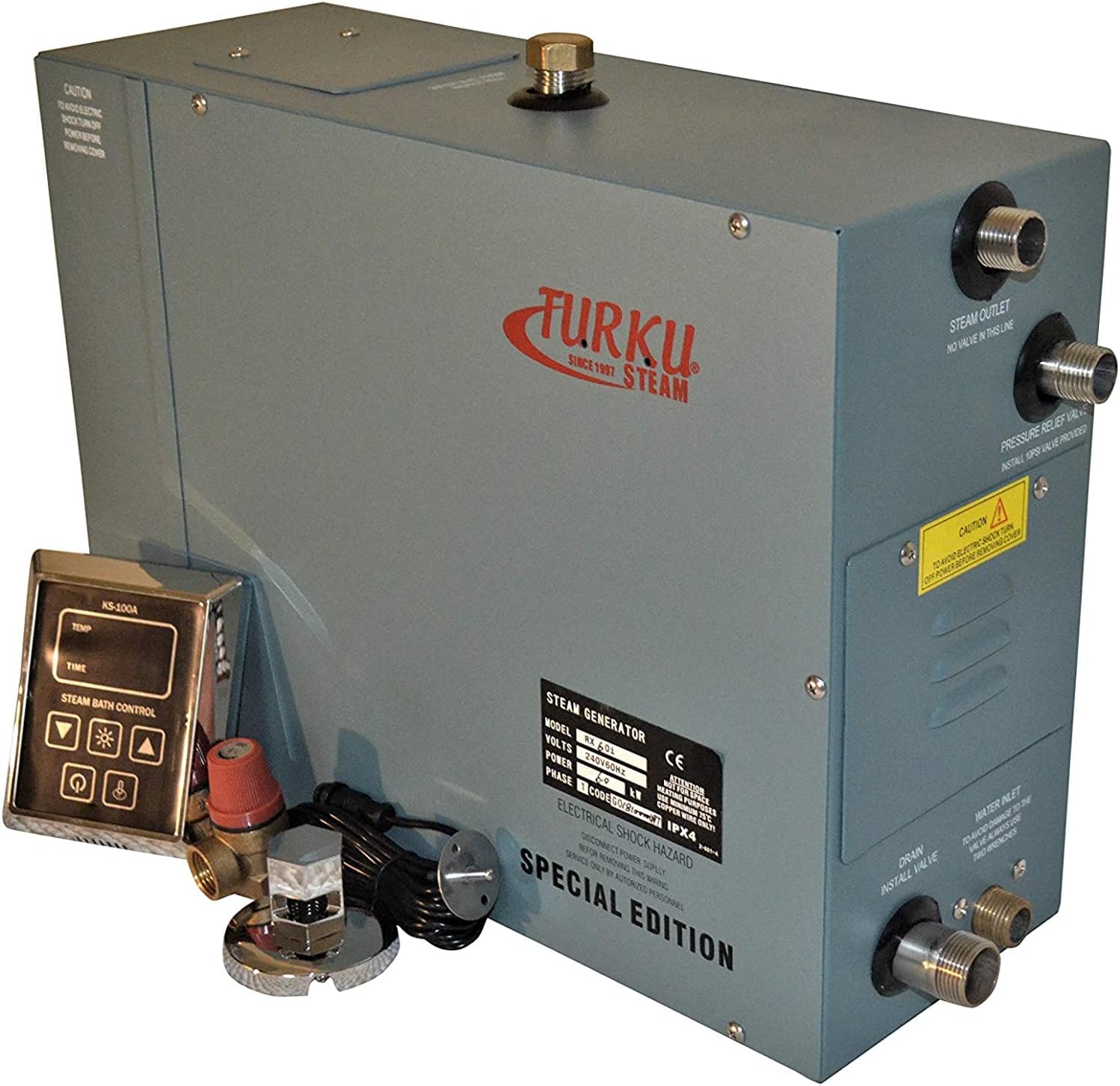 TURKU Full Kit RX60i Special Edition 6KW 240V Spa Steam Generator with Vapor-Proof KS - 100A Control Pad, Steam Head and Built-in Auto Drain Flush System.