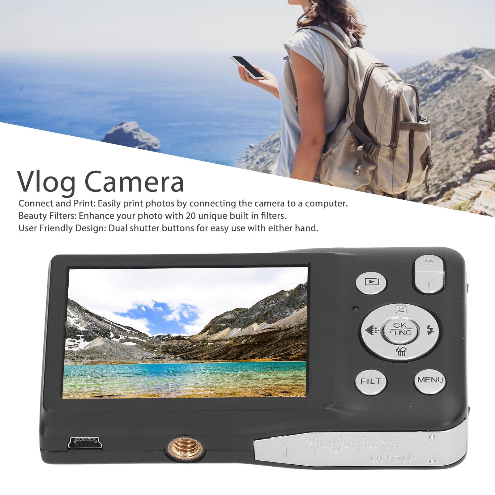 Digitale Camera 68 MP – Met 2,8 Inch Flipscreen, Zoeker, 4K Video, Beautymodus, Compact Zwart
