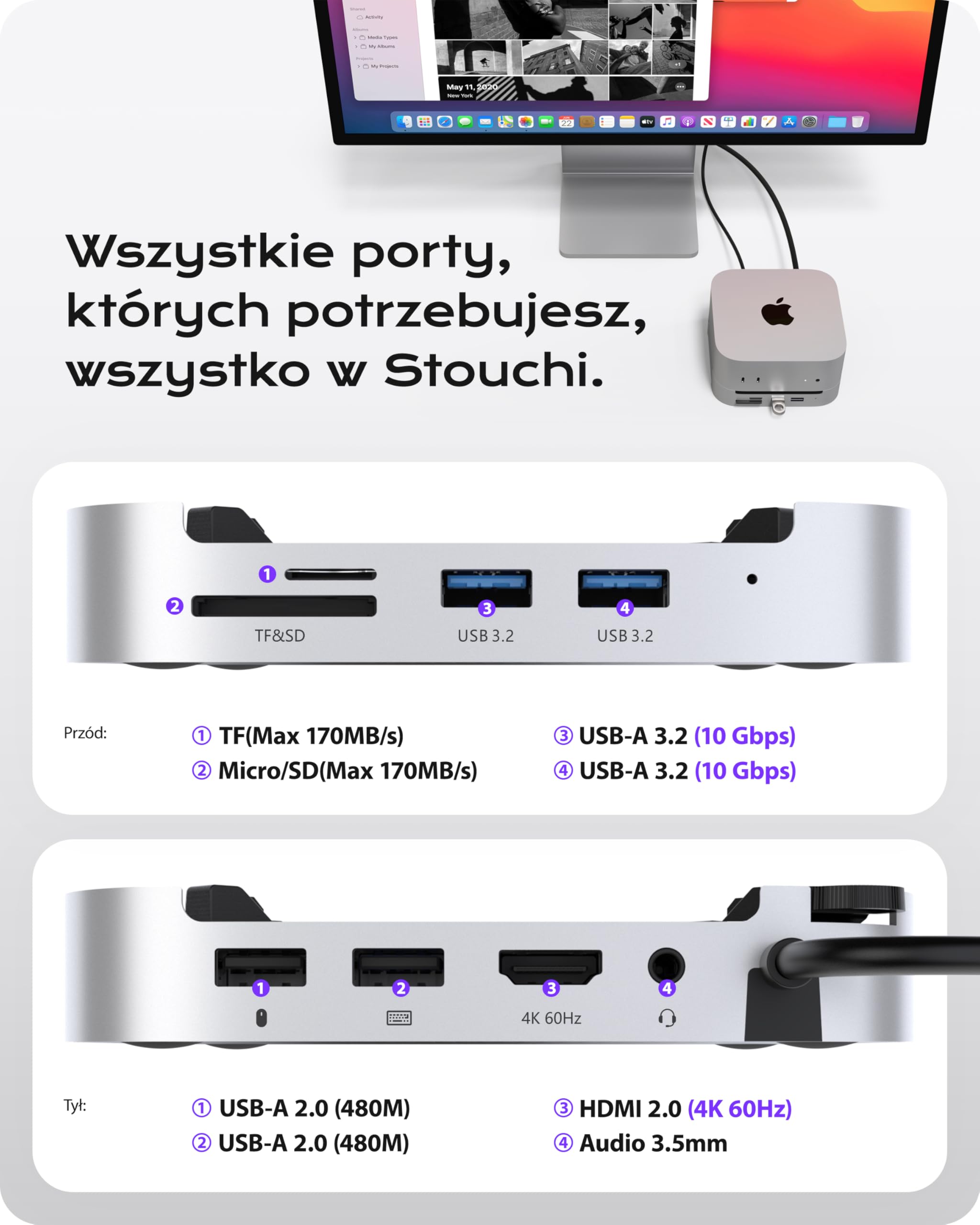 Stouchi Stacja dokująca Mac Mini M4 z obudową 8 TB NVMe SATA SSD, 2 x USB A 10 Gb/s, 4K przy 60 Hz HDMI, gniazdo SD/TF, 2 x port danych USB A, audio 3,5 mm, łatwy przycisk zasilania i stabilne Wi-Fi