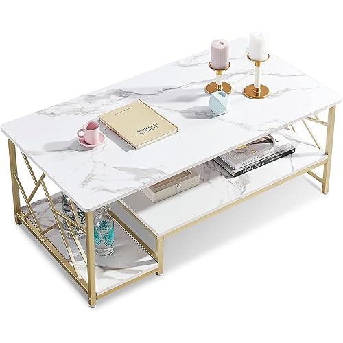Ivinta Marble Gold Coffee Table, Farmhouse Modern Center TV Table, Industrial Cocktail Table with Double Storage Shelf for Living Room (White)