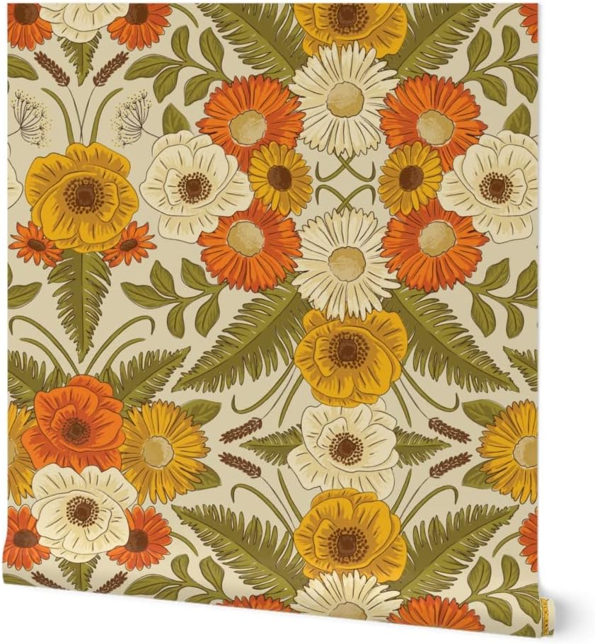 Spoonflower Removable Wallpaper 3ft x 2ft - Retro Floral Vintage Flowers Fashion Custom Pre-Pasted Wallpaper