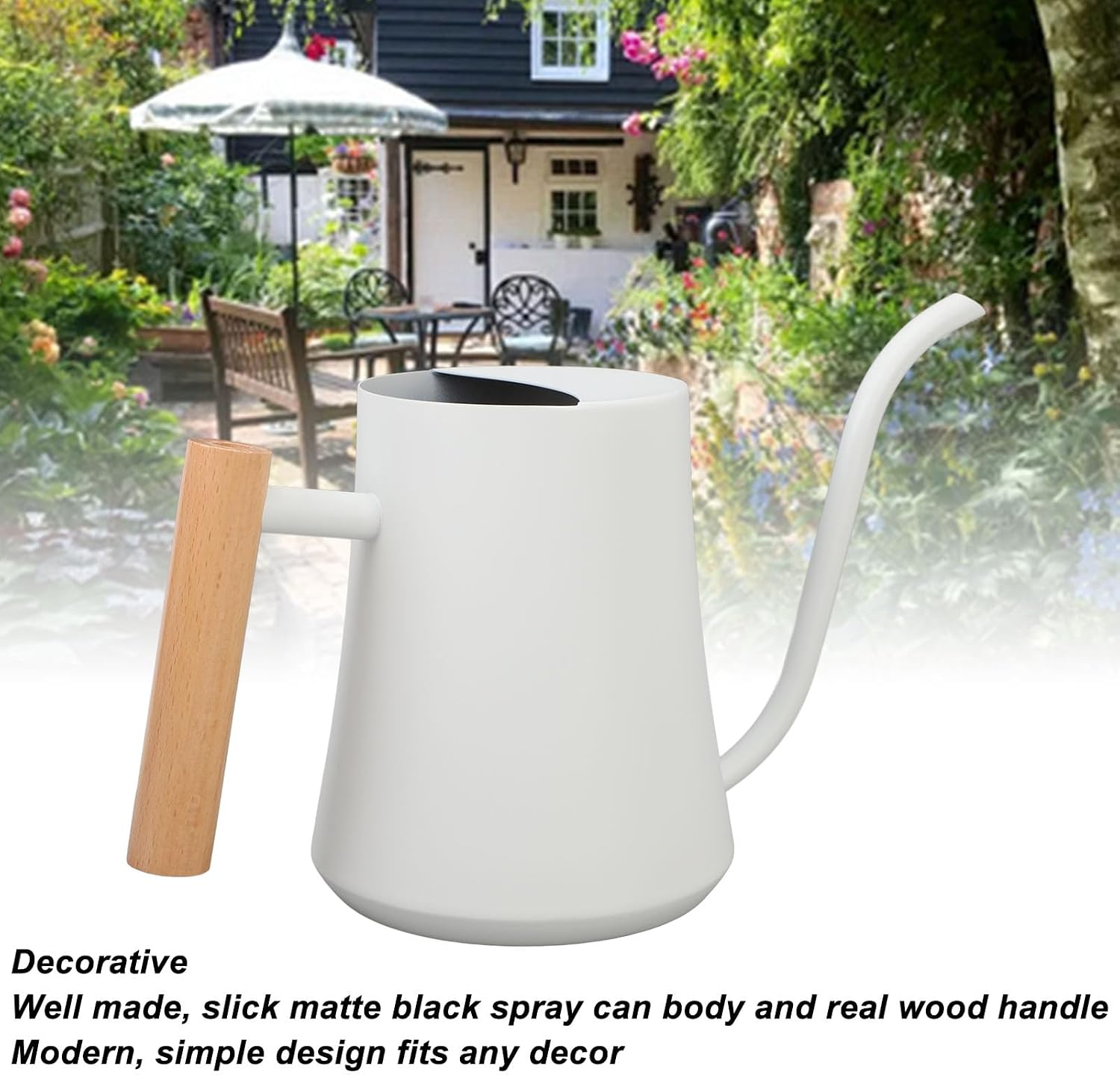 Indoor Watering Can, Stainless Steel Watering Pot Leakage Proof 1L Wooden Handle Rustproof Fine Crafted for Succulents for Flowers (Matte White)