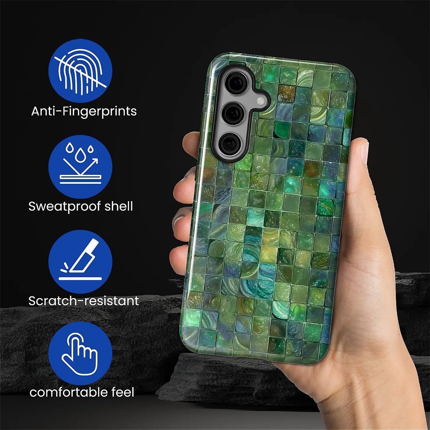 Case for Samsung Galaxy S24 Case,Green Toned Glass Mosaic Patten Design Hybrid Dual Protection Silicone Hard PC Shockproof Full Body Cover Anti-Scratch Protective Case for Men Women image 3
