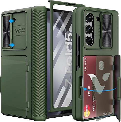 Miniatura 9 de Vihibii Funda para Samsung Galaxy Z Fold 5 con soporte para bolígrafo S, tarjetero y cubierta de lente deslizante, protector de pantalla y