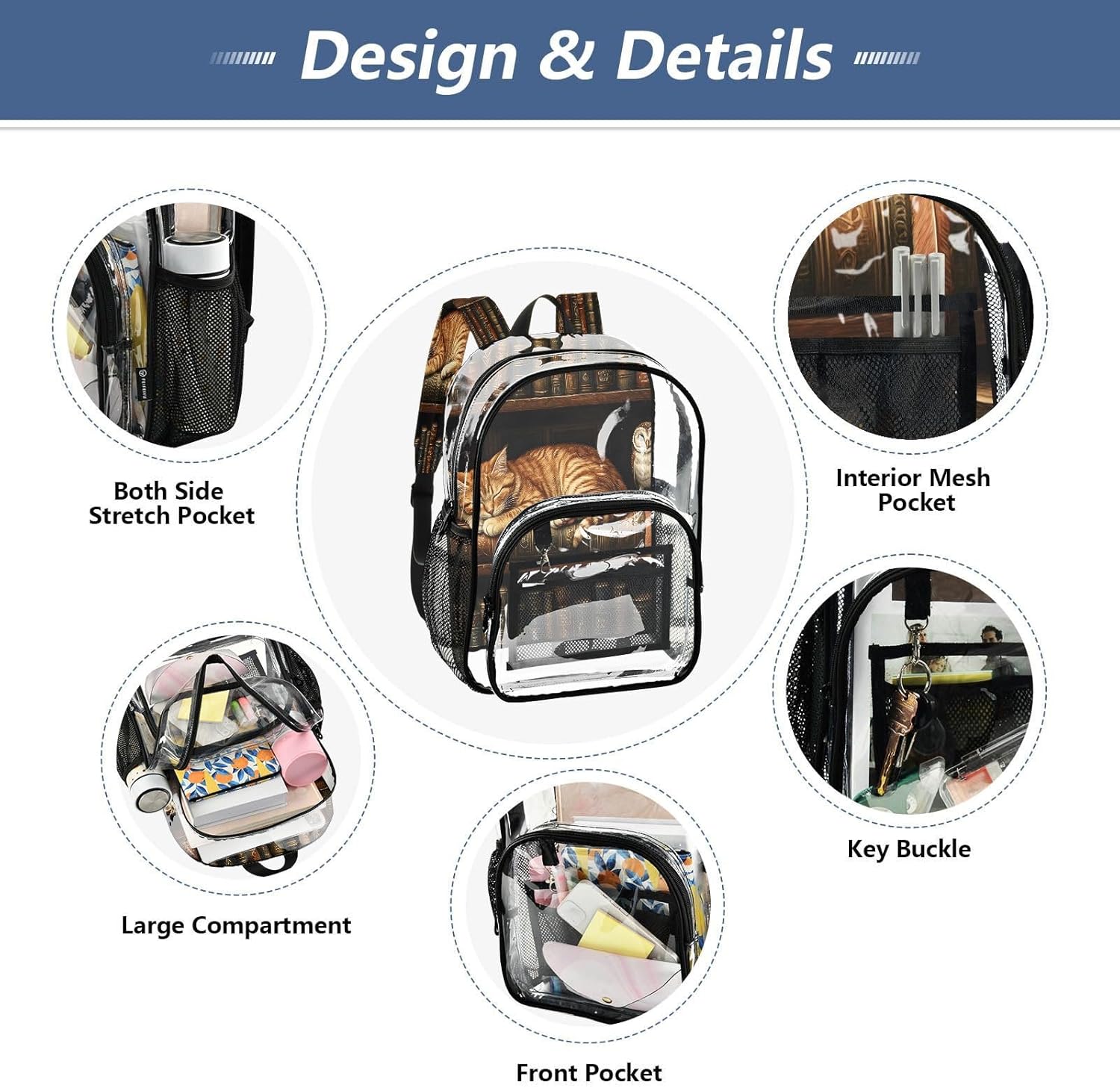 Cat Owl Bookshelf Bookworm Clear Backpack Heavy Duty See Through Transparent PVC BookBag for Kids Boy Girl Adult School Work