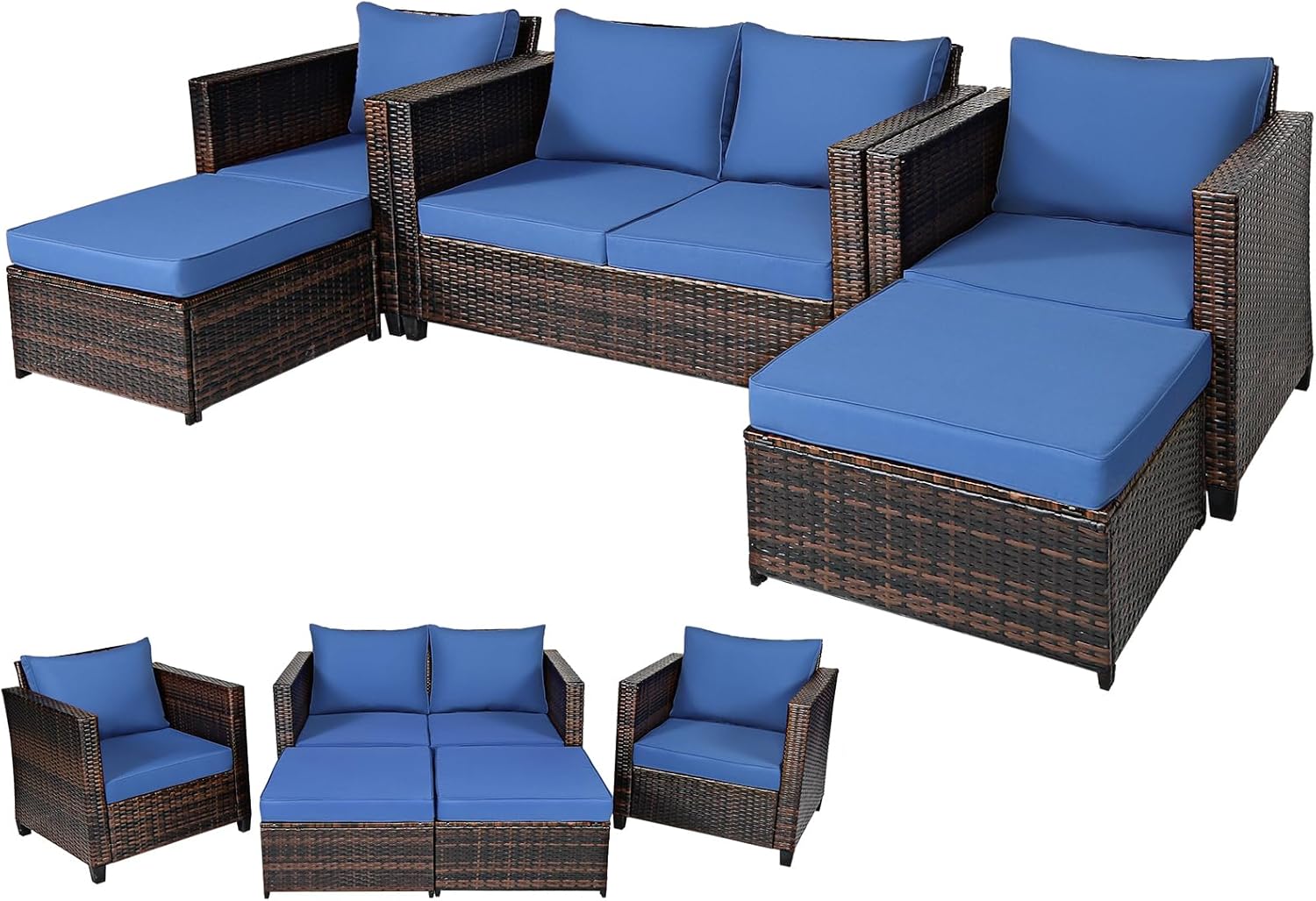 DORTALA 5-Piece Outdoor Patio Conversation Set, Loveseat and 2 Ottoman, Outdoor Sectional Rattan Sofa Set, Multifunctional Rattan Furniture Set Suitable for Home Backyard Garden Poolside Balcony, Navy