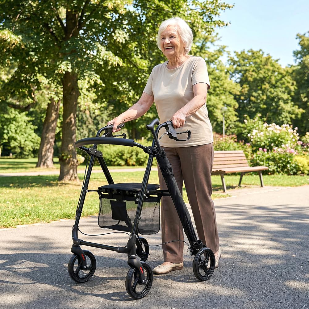 BAKAJI Andador plegable y ahorra espacio con asiento y bolsa de red portaobjetos, Walker Rollator con soporte para paraguas, ideal para personas mayores, discapacitados y personas con movilidad