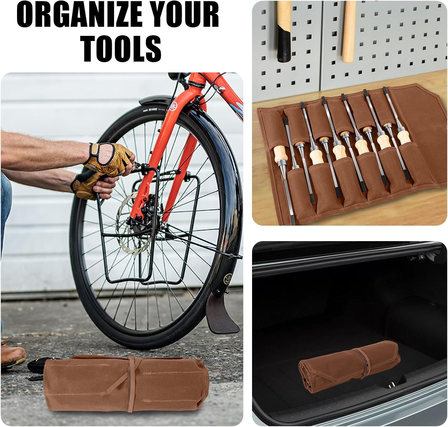 Chisel Roll,6 Pockets Roll Up Tool Pouch,Waxed Canvas Small Tool Roll Organizer and Wrench Roll Up Pouch,Store Chisel,Wrench,Pliers,Carving Knife (12-Brown)