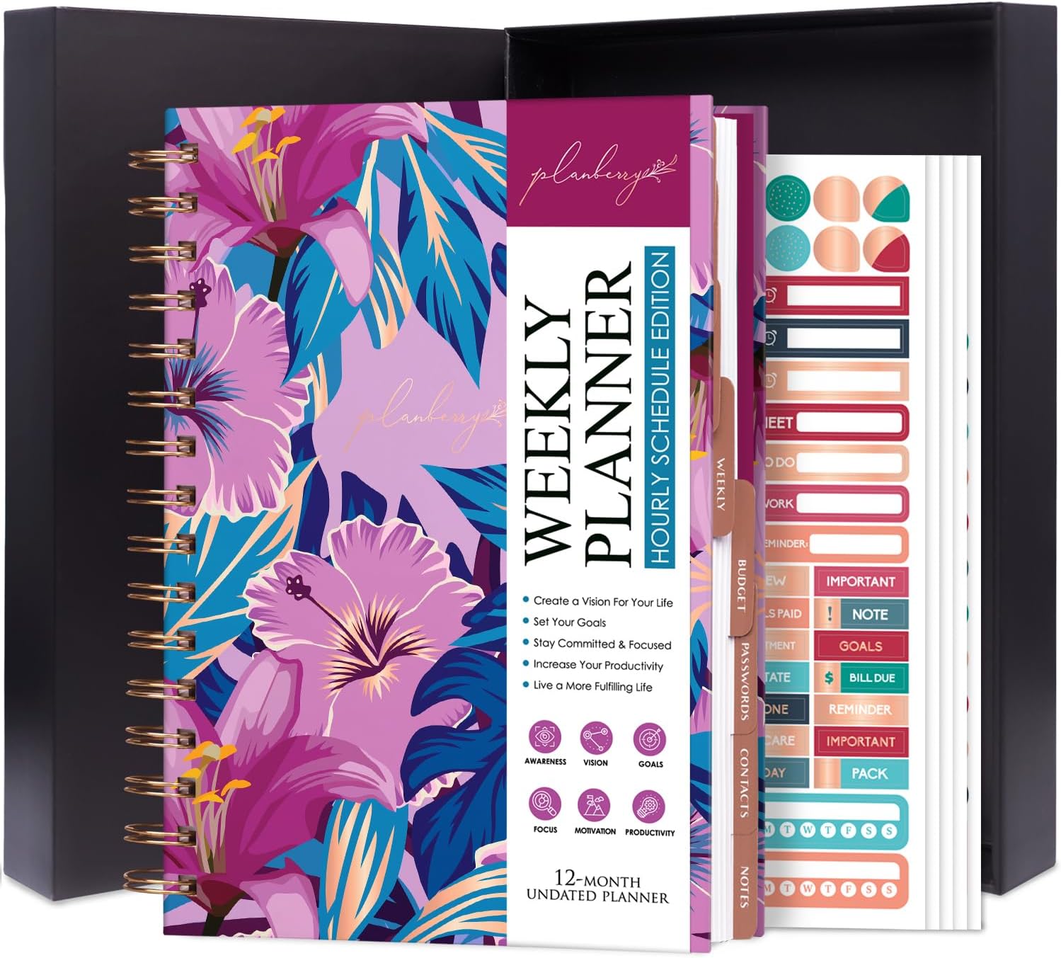 PLANBERRY Hourly Schedule Planner Premium – Undated Journal with Time Slots for Productivity & Budget Organizer, 6.9″x8.5″ (Flower Paradise)