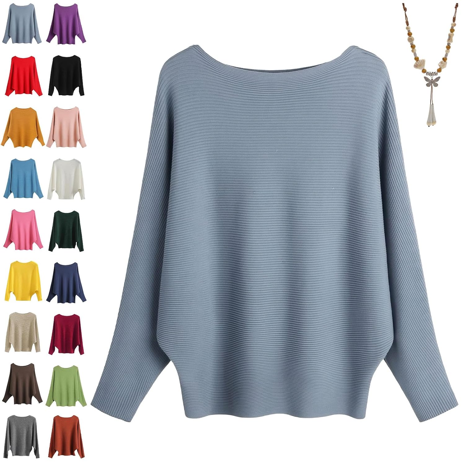 Womens Boat Neck Bat Sleeve Knitted Sweater Dolman Sleeve Pullovers Autumn Winter Loose Long Warm Pullover