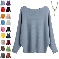 Womens Boat Neck Bat Sleeve Knitted Sweater Dolman Sleeve Pullovers Autumn Winter Loose Long Warm Pullover