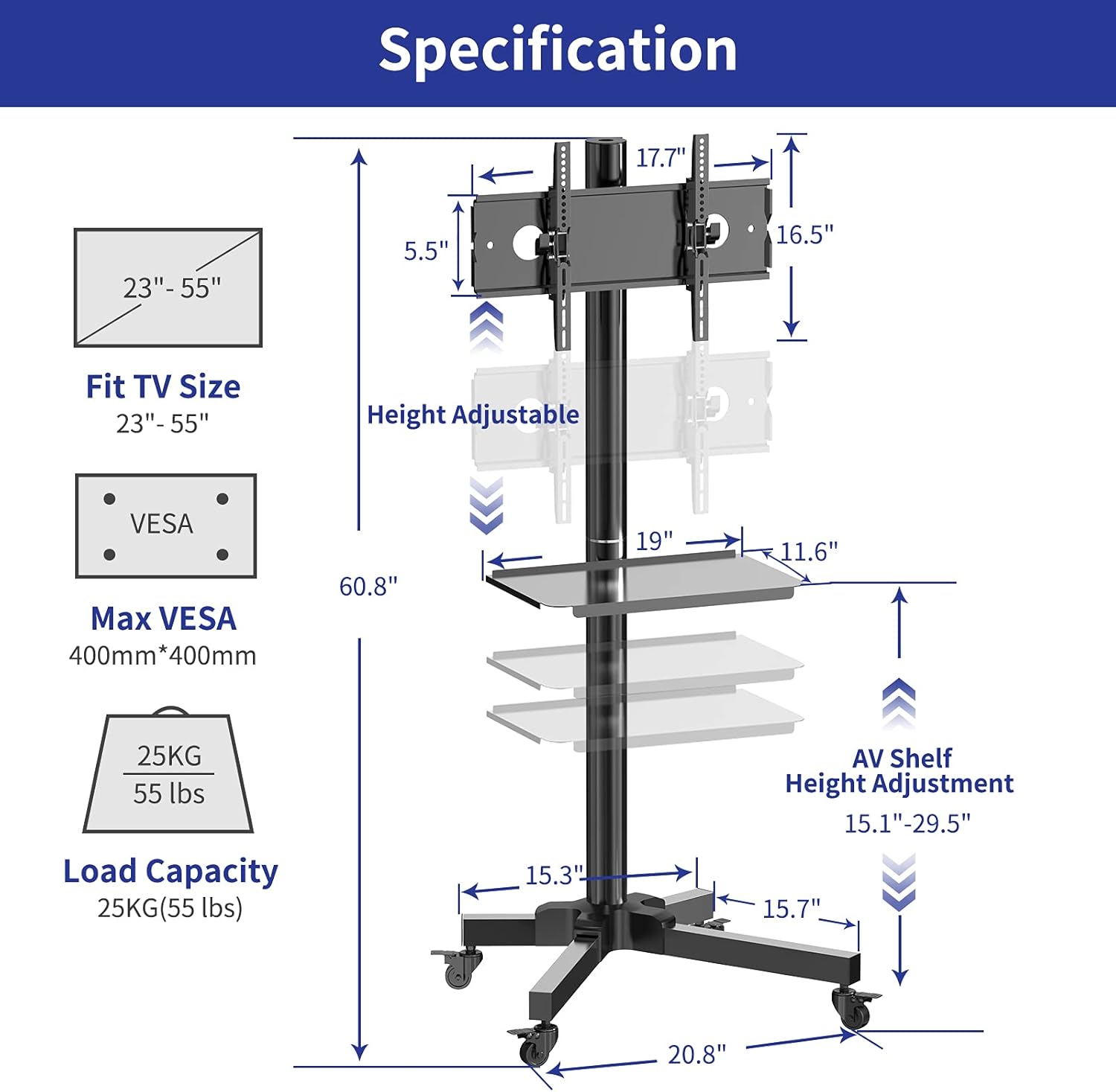 Universal Mobile TV Cart with Wheels for 23-55 Inch LCD LED Flat/Curved Screen TVs, Rolling/Outdoor TV Stand with Shelf Up to 55lbs, Height Adjustable TV Trolley Max VESA 400x400mm - UL Certificated : Everything Else