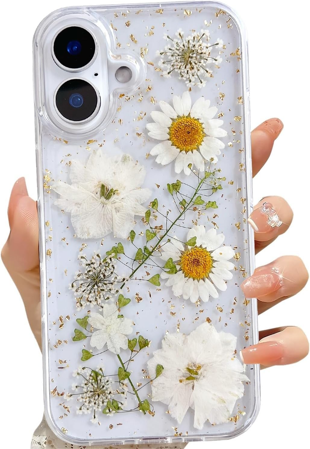 LSEEKA for iPhone 16 Plus Clear Case with Pressed Real Flowers Design,Glitter Cute White Floral Pattern Slim Soft TPU Protective Women Girl's Phone Cover for iPhone 16 Plus
