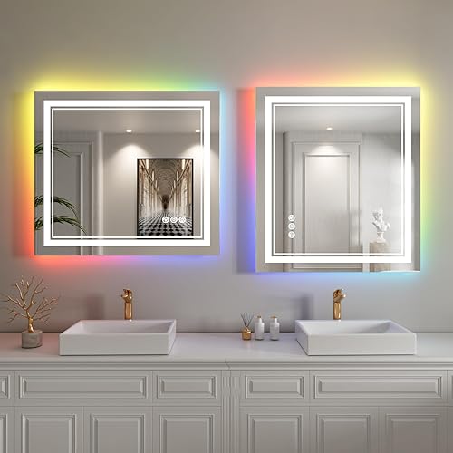 Miniatura 36 de Espejo de baño LED de 40 x 32 pulgadas, luz frontal y retroiluminada, antiniebla, regulable, espejo de tocador iluminado con memoria, espejo LED