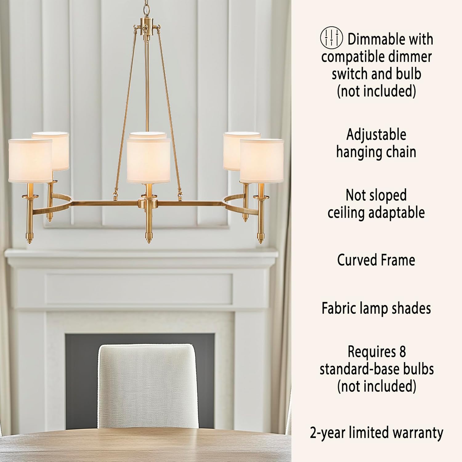 Hampton Hill 6-Light Chandelier for Bedroom Eleganza Farmhouse Inspired Bedford Collection, Curved Metal Frame, Height Adjustable Dining Room Chandelier, Easy Installation, 39.25" W, Antique Gold