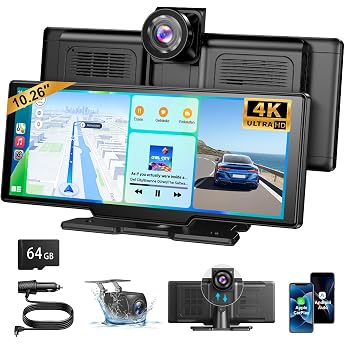 ESSGOO 10.26 Inch Carplay Android Car Display, Apple Carplay Screen | 4K Dashcam,1080P Rear View Camera,64GB TF,IPS Touchscre