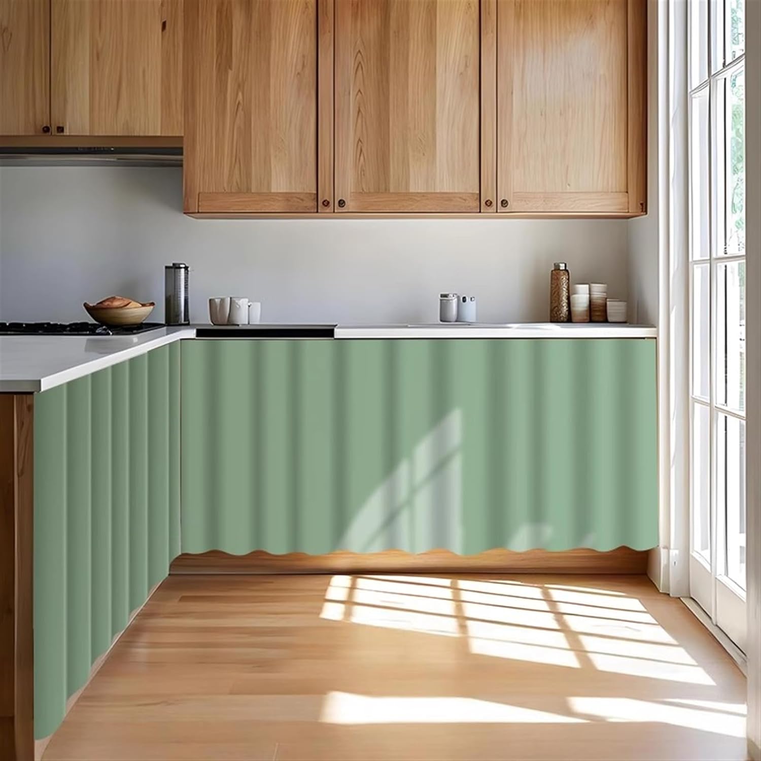 Under Sink Curtain for Closet, Privacy Short Cabinet Curtain Self Stick Adhesive Desk Skirt for Kitchen Classroom, Coffee, 55" W x 32" L